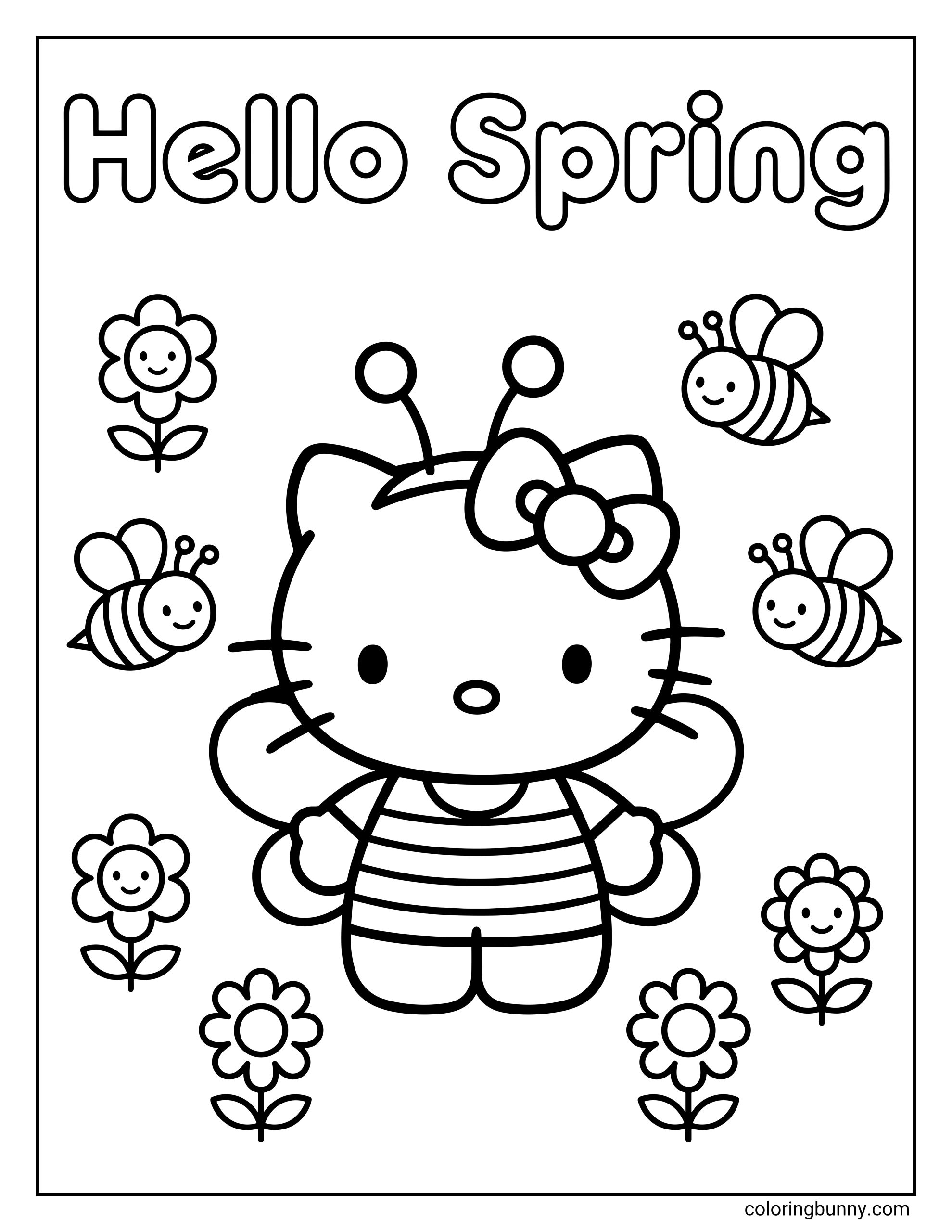 Hello Kitty spring coloring page featuring Hello Kitty in a striped bee costume with wings and antennae, surrounded by three smiling bees, five smiling flowers with faces, and 'Hello Spring' bubble letter text at the top.