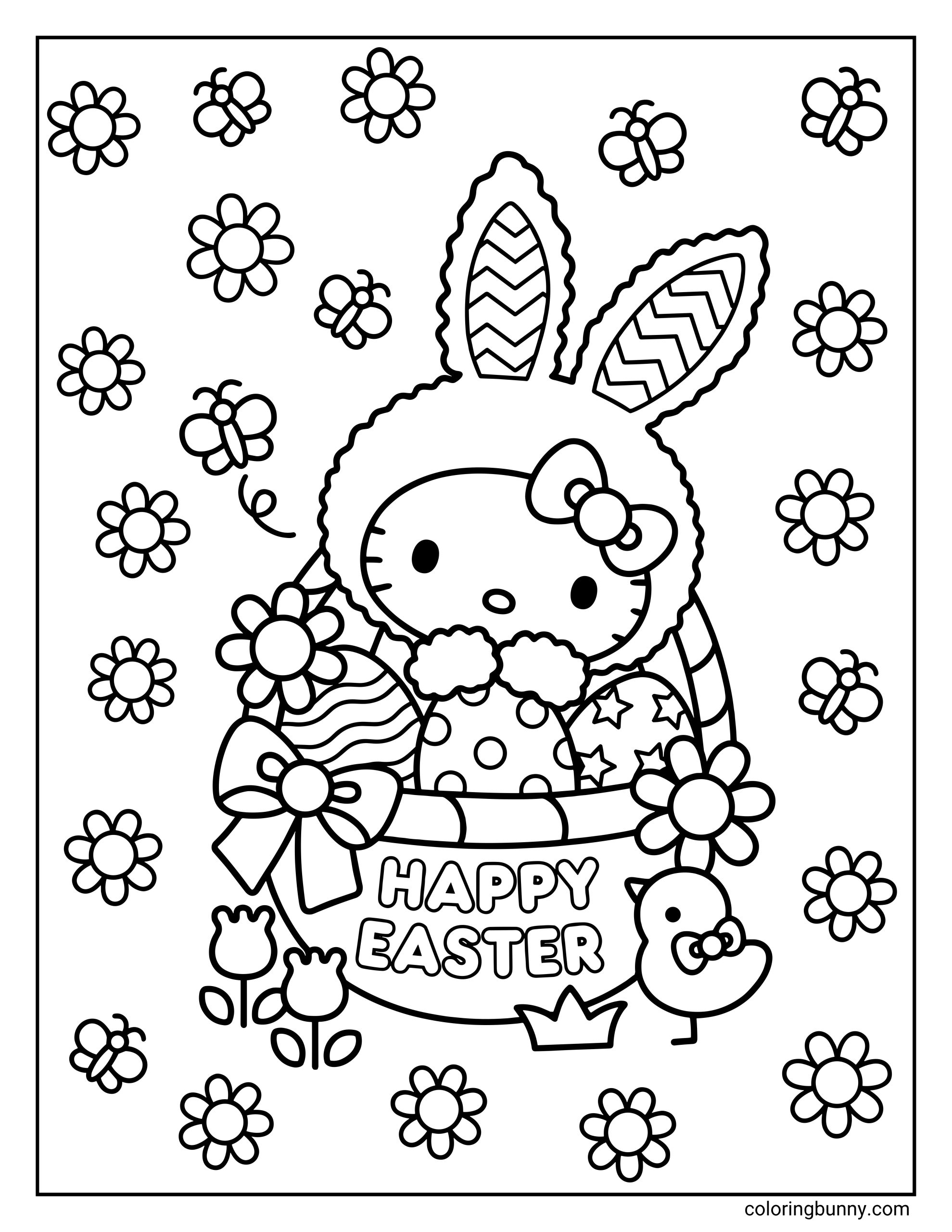 A Hello Kitty Easter coloring page showing Hello Kitty in a large basket filled with decorated Easter eggs, wearing bunny ears and framed by flowers, butterflies, tulips, and a small chick, with “Happy Easter” displayed on the basket front.