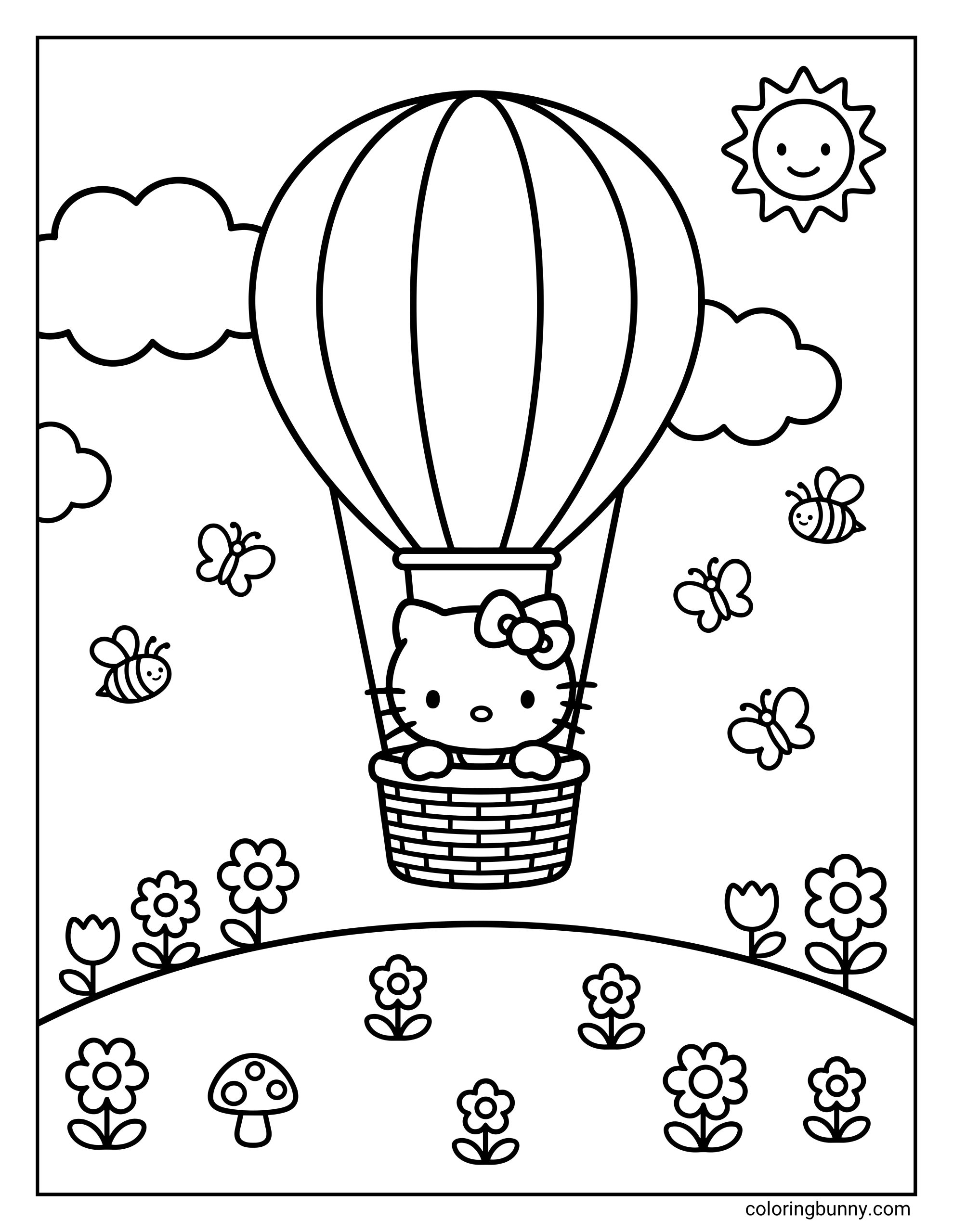 Hello Kitty spring hot air balloon coloring page showing Hello Kitty riding in a basket beneath a large hot air balloon, floating over a flower-filled hill with butterflies, bees, clouds, and a smiling sun in a cute black-and-white scene.