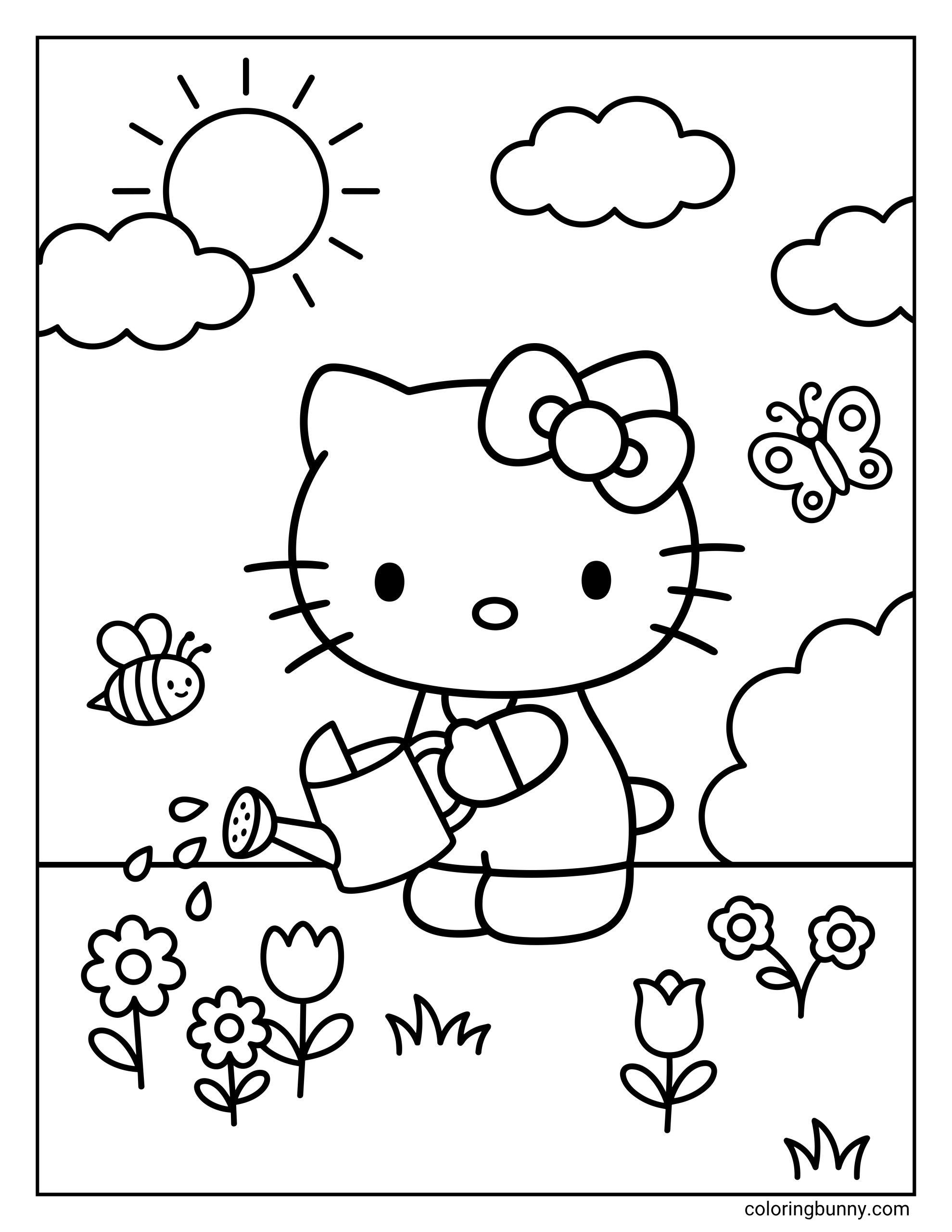 Hello Kitty spring coloring page featuring Hello Kitty holding a watering can over two daisies and a tulip, with a smiling bumblebee, a butterfly, three fluffy clouds, and a bright sun with rays in the background.