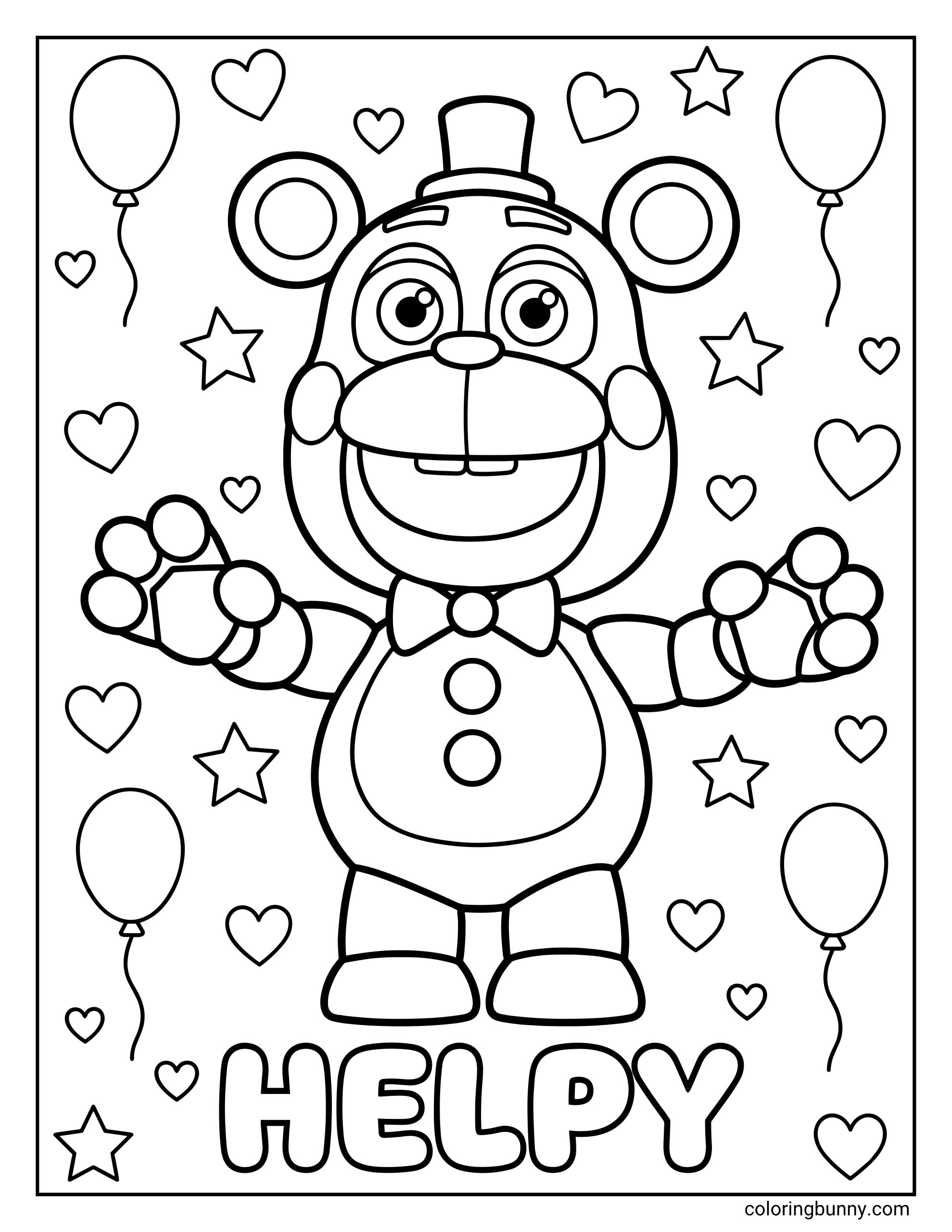 FNAF coloring page of Helpy standing in a celebratory pose with 'HELPY' written in bold bubble letters at the bottom.