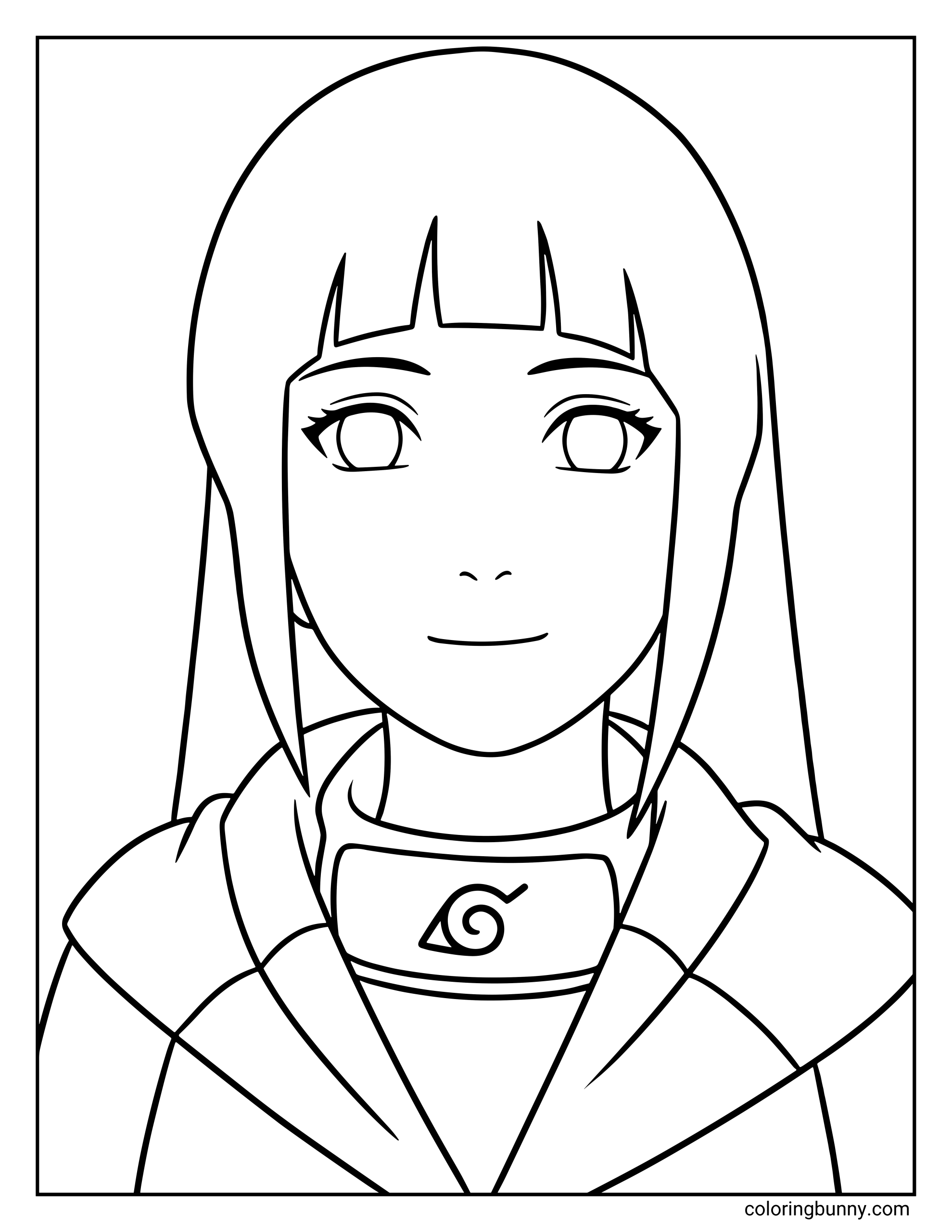 A Naruto coloring page featuring Hinata Hyuga in a close-up portrait with her long hair, gentle smile, and distinctive pale Byakugan eyes. She wears her Hidden Leaf headband and calm expression, representing the kind-hearted yet powerful Hyuga clan ninja from Naruto.
