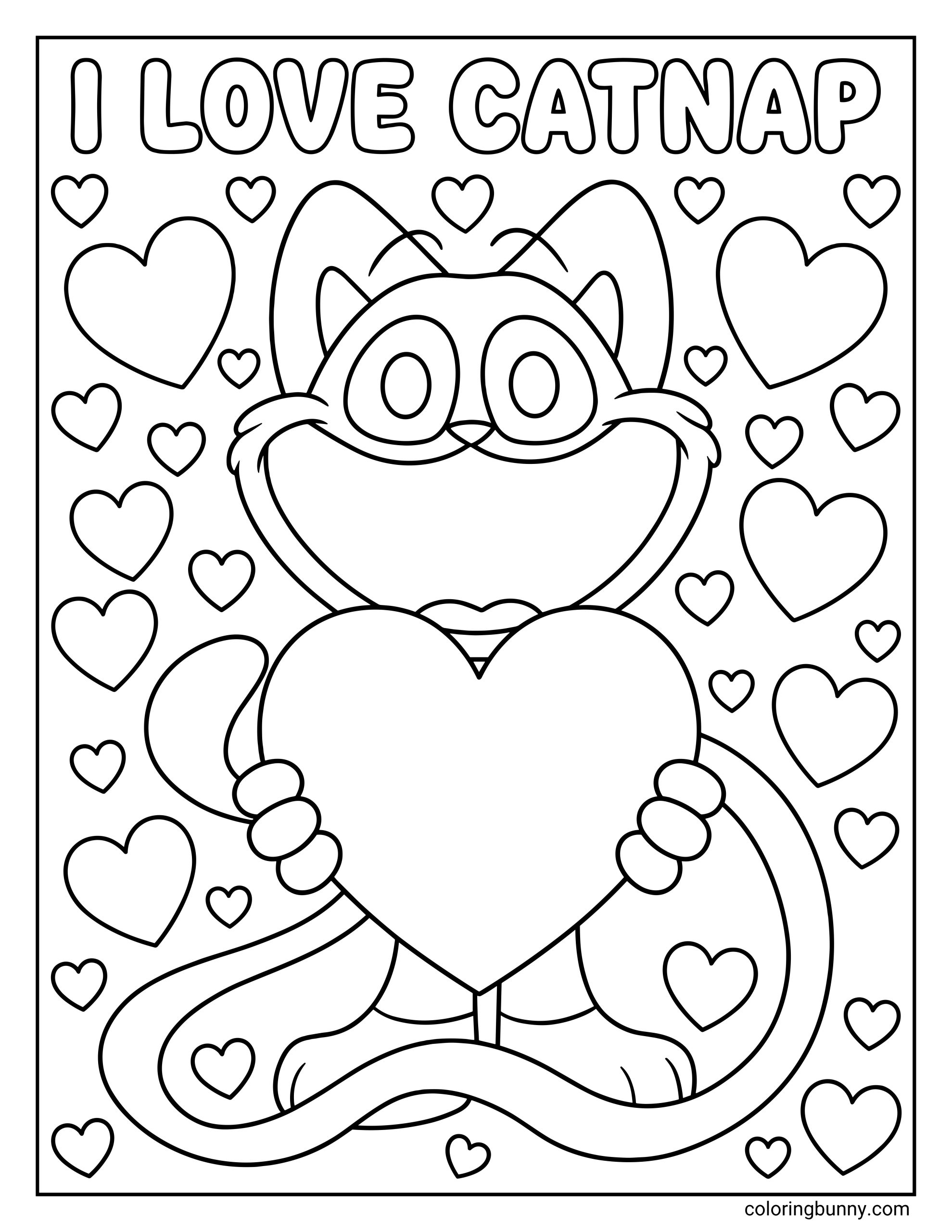 A coloring page of CatNap from Poppy Playtime holding a large heart with the message “I Love CatNap” above, surrounded by many floating hearts.
