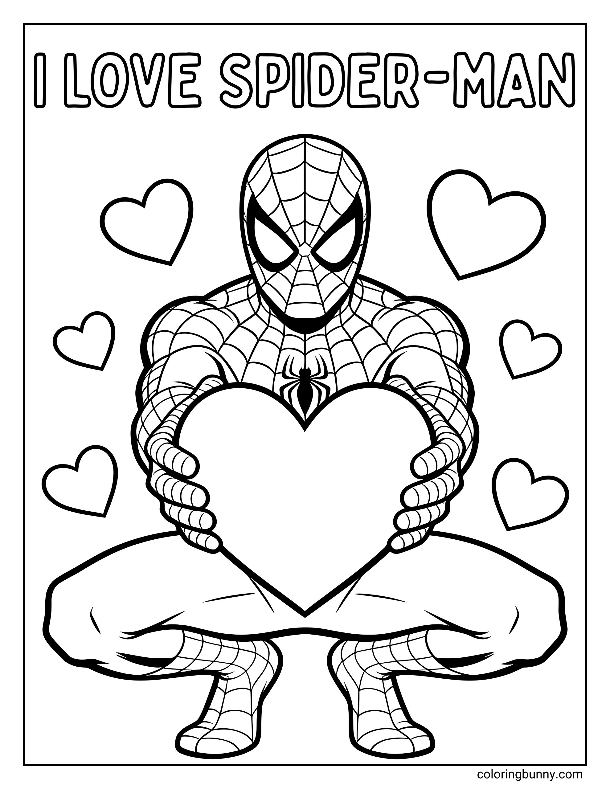 A Spider-Man coloring sheet showing the superhero holding a big heart in front of him, with several floating hearts around him and bold bubble letters spelling out “I Love Spider-Man.”