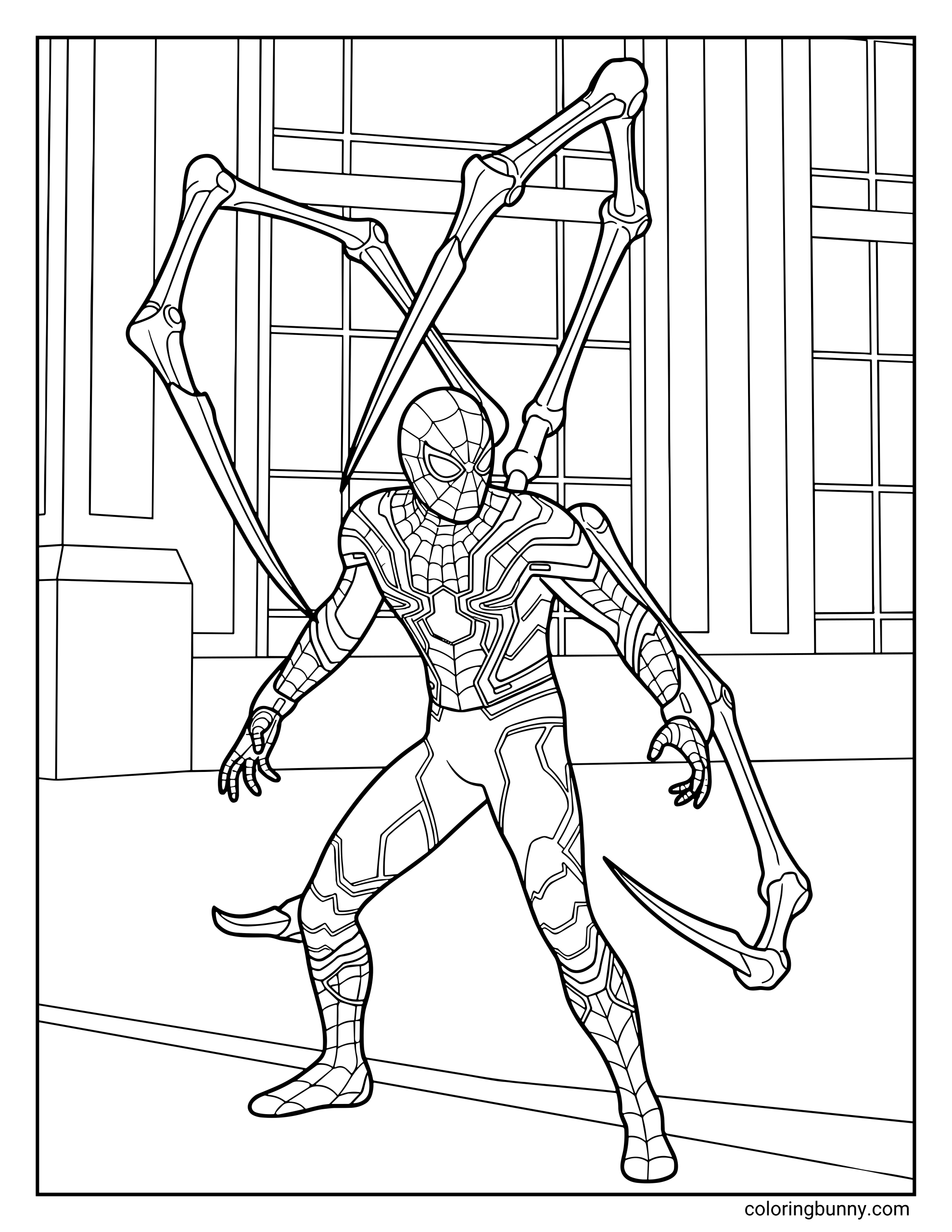 A detailed Spider-Man coloring page featuring the Iron Spider suit with mechanical spider legs extending from the back, standing in a city setting with large building windows behind him.