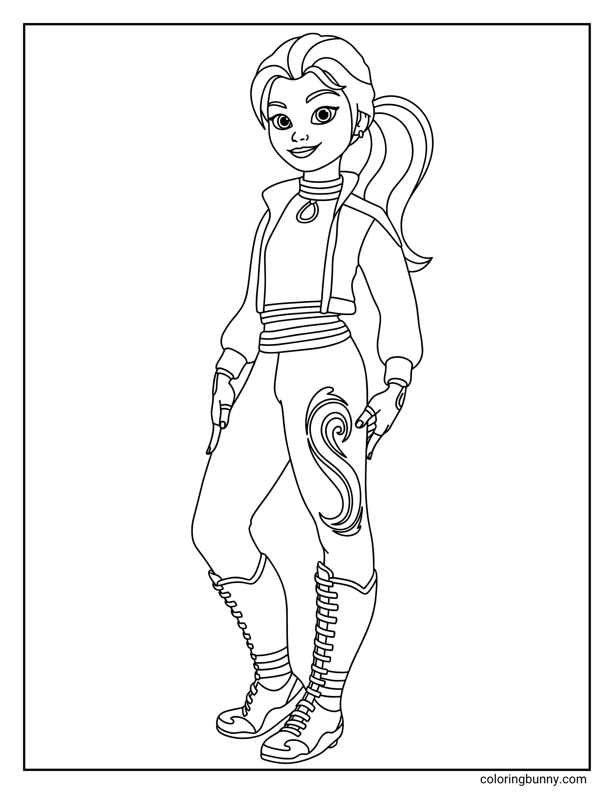 Isabel from Unicorn Academy coloring page showing her standing with a high ponytail, wearing a cropped jacket, a striped waistband, and tall lace-up boots with a water swirl pattern on her trousers.