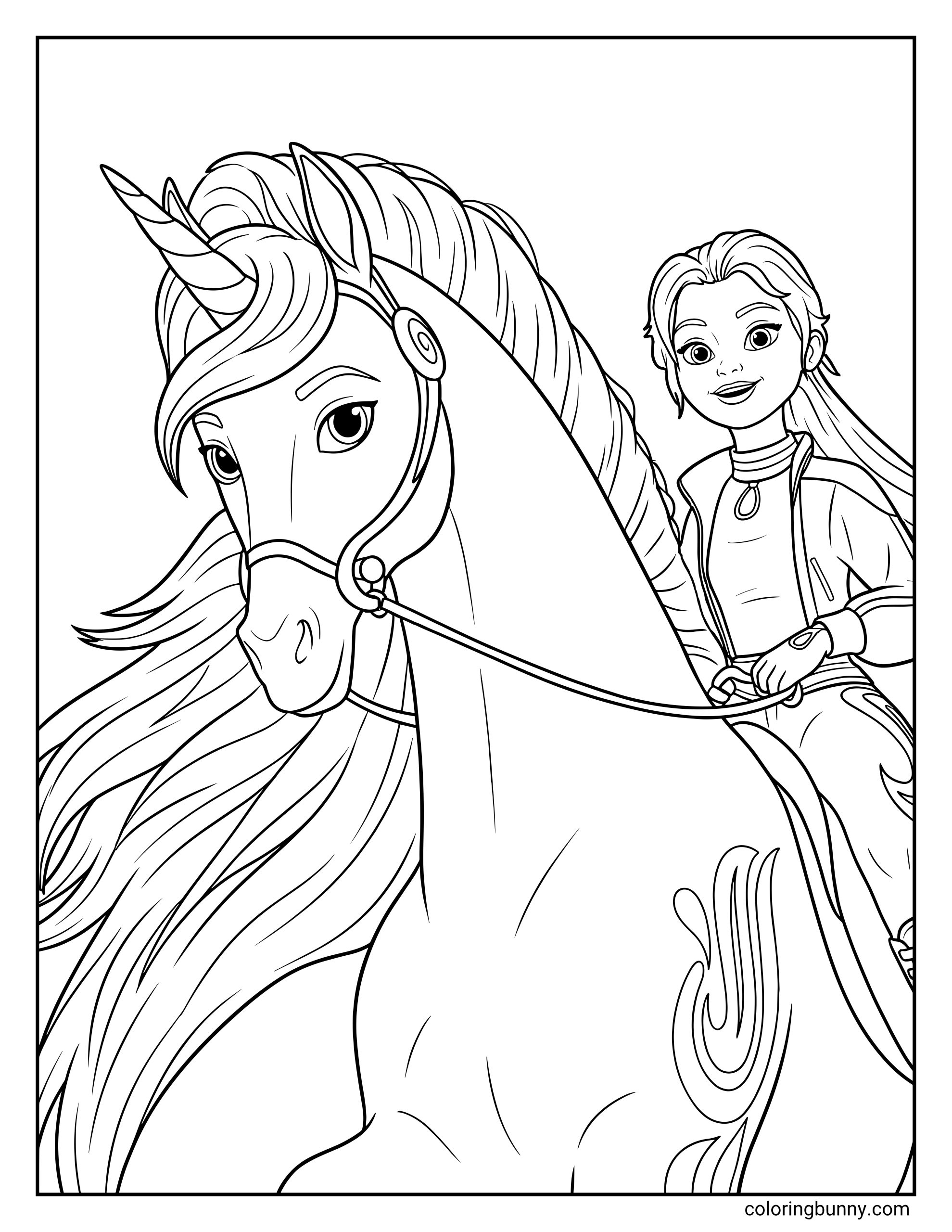 Simple Unicorn Academy coloring page for kids of Valentina riding her unicorn Cinder, showing Cinder’s spiral horn and a detailed bridle as they smile together.