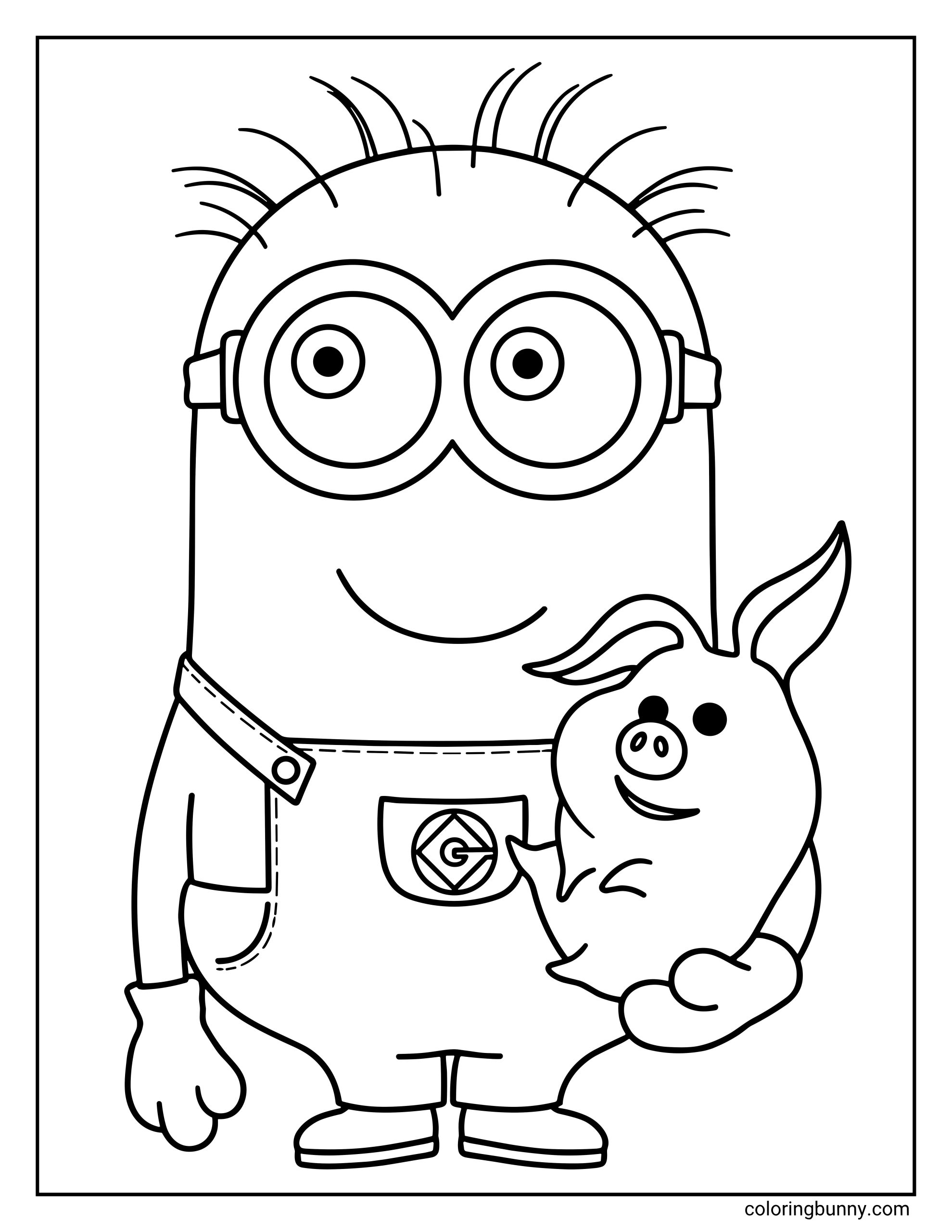 A Minion coloring page featuring Jerry, the two-eyed Minion, smiling while holding a small pig in his arms. He wears his overalls with the Gru logo, gloves, and goggles, and the pig looks happy as Jerry holds it close.