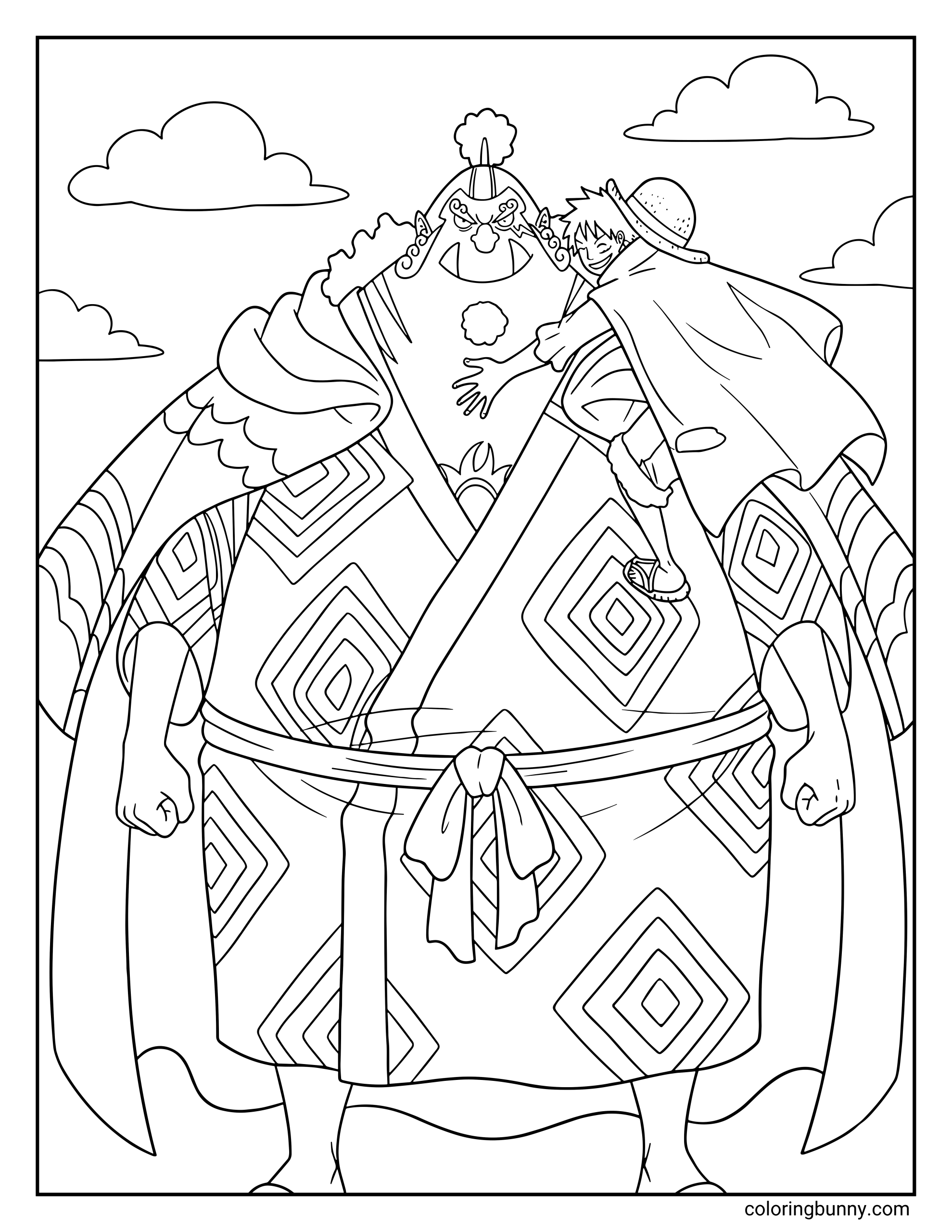 A Jinbe and Monkey D. Luffy One Piece coloring page showing Luffy happily climbing onto Jinbe’s shoulder while the powerful fish-man stands proudly. Jinbe wears his traditional kimono with bold patterns and a cloak, while Luffy smiles in his straw hat as clouds drift across the sky behind them.
