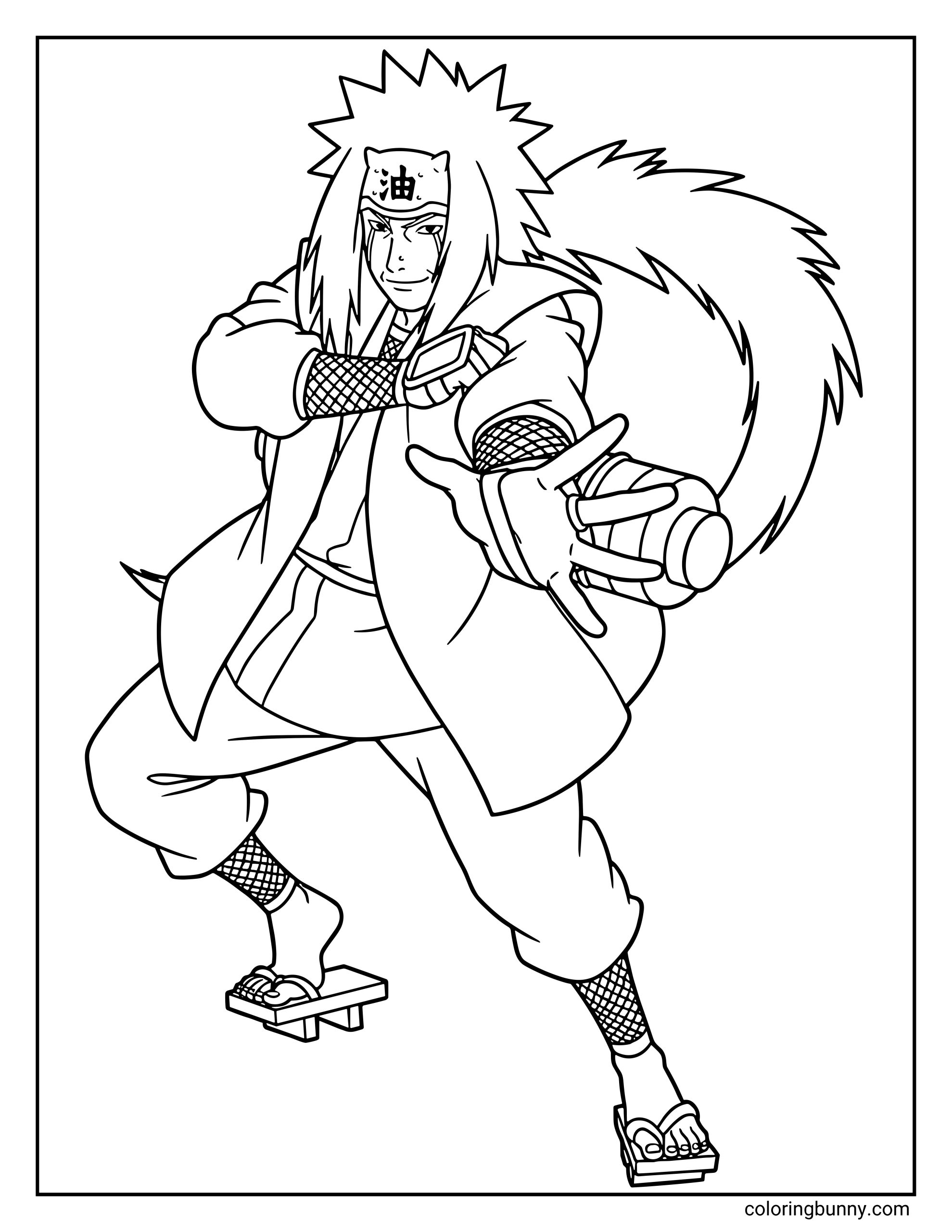 A Naruto coloring page featuring Jiraiya in a dynamic ninja stance with his long spiky hair and headband marked with the kanji for oil. Known as the legendary Toad Sage, he extends his hand forward as if preparing a powerful technique, representing the powerful mentor from Naruto: Shippuden who trained Naruto Uzumaki.