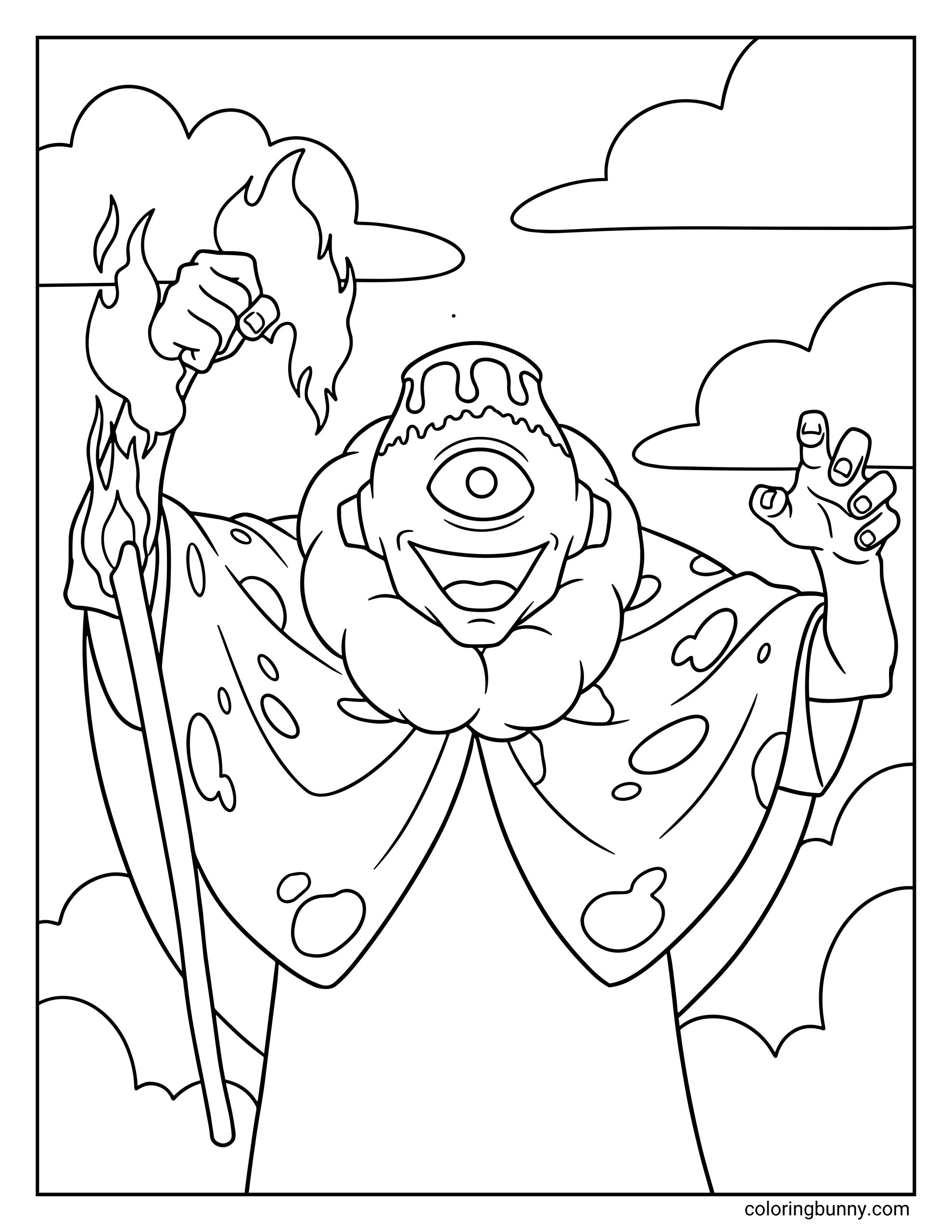 A Jujutsu Kaisen coloring page featuring Jogo, the powerful volcanic curse, raising a flaming staff while grinning with his single eye wide open. The curse wears his distinctive cloak with spotted patterns as flames flicker around him, highlighting the fiery power of one of the disaster curses.