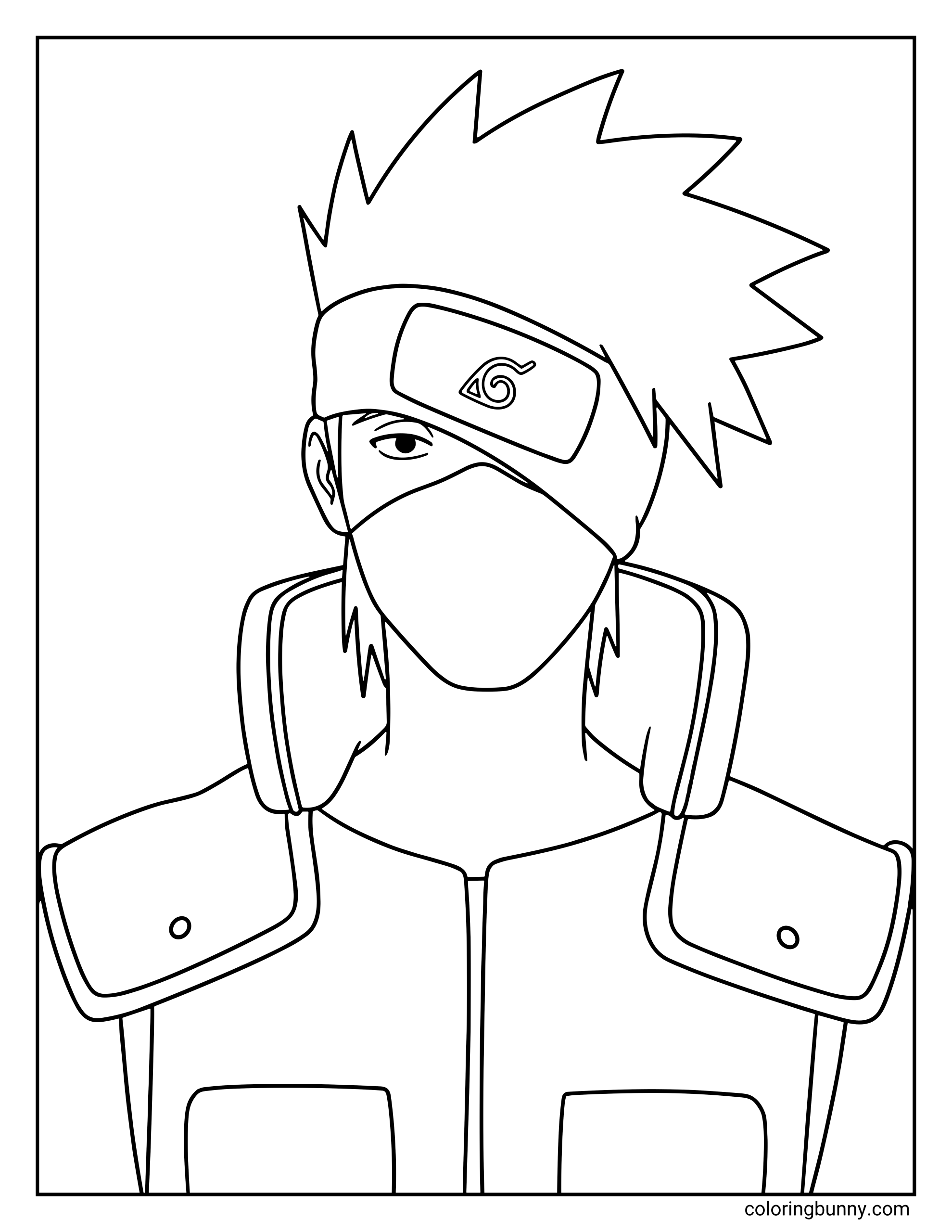 A Naruto coloring page featuring Kakashi Hatake in a close-up portrait wearing his Hidden Leaf headband and signature face mask. His calm expression and slightly tilted head capture the relaxed yet powerful Copy Ninja from Naruto.