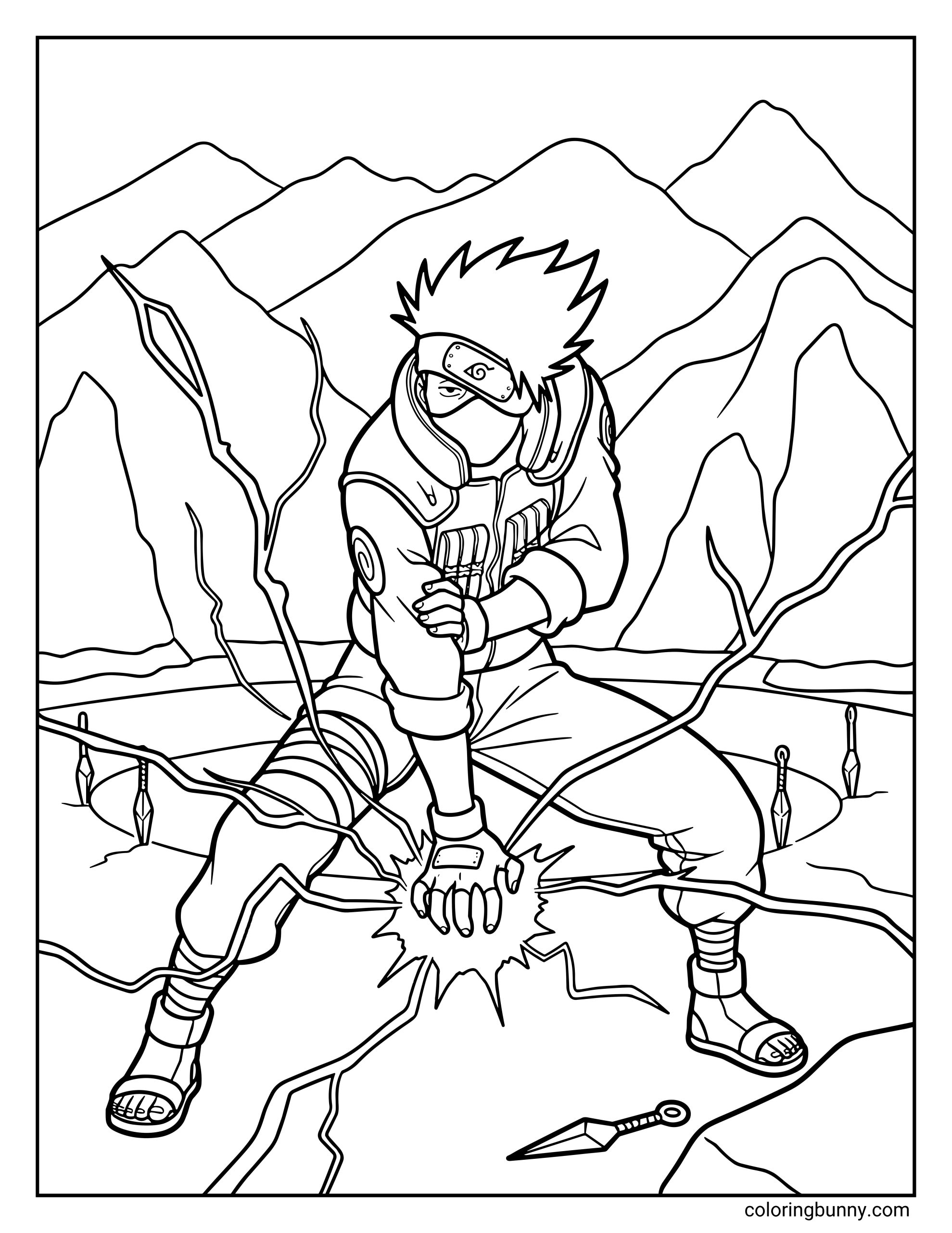 A Naruto coloring page featuring Kakashi Hatake crouched in a powerful stance while striking the ground with his Lightning Blade technique. Electricity spreads outward from his hand as the masked ninja of the Hidden Leaf focuses intensely, showcasing the lightning-style jutsu he famously uses throughout Naruto: Shippuden.