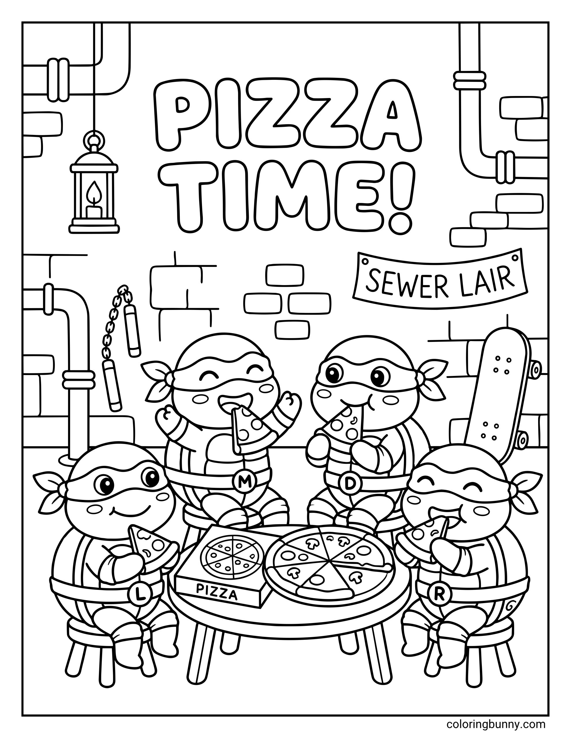 A coloring page of kawaii Teenage Mutant Ninja Turtles enjoying pizza together in their sewer hideout, showing Michelangelo, Donatello, Leonardo, and Raphael seated around a table with pizza slices, a pizza box, pipes, bricks, and playful signs around them.