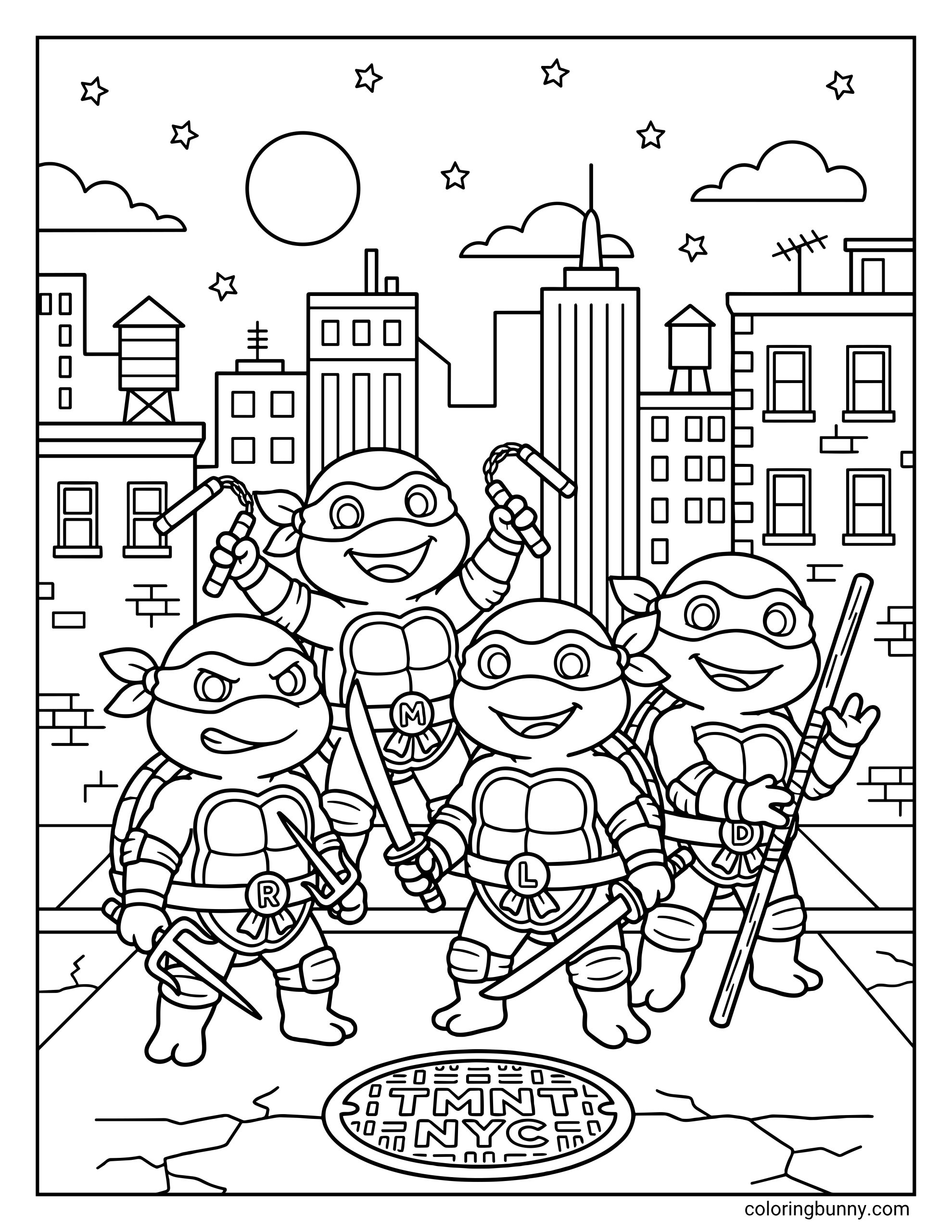 Kawaii Ninja Turtles in the city coloring page featuring cute versions of Leonardo, Raphael, Michelangelo, and Donatello standing together on a New York City street at night, with buildings, stars, clouds, a moon, rooftop water towers, and a “TMNT NYC” manhole cover below.