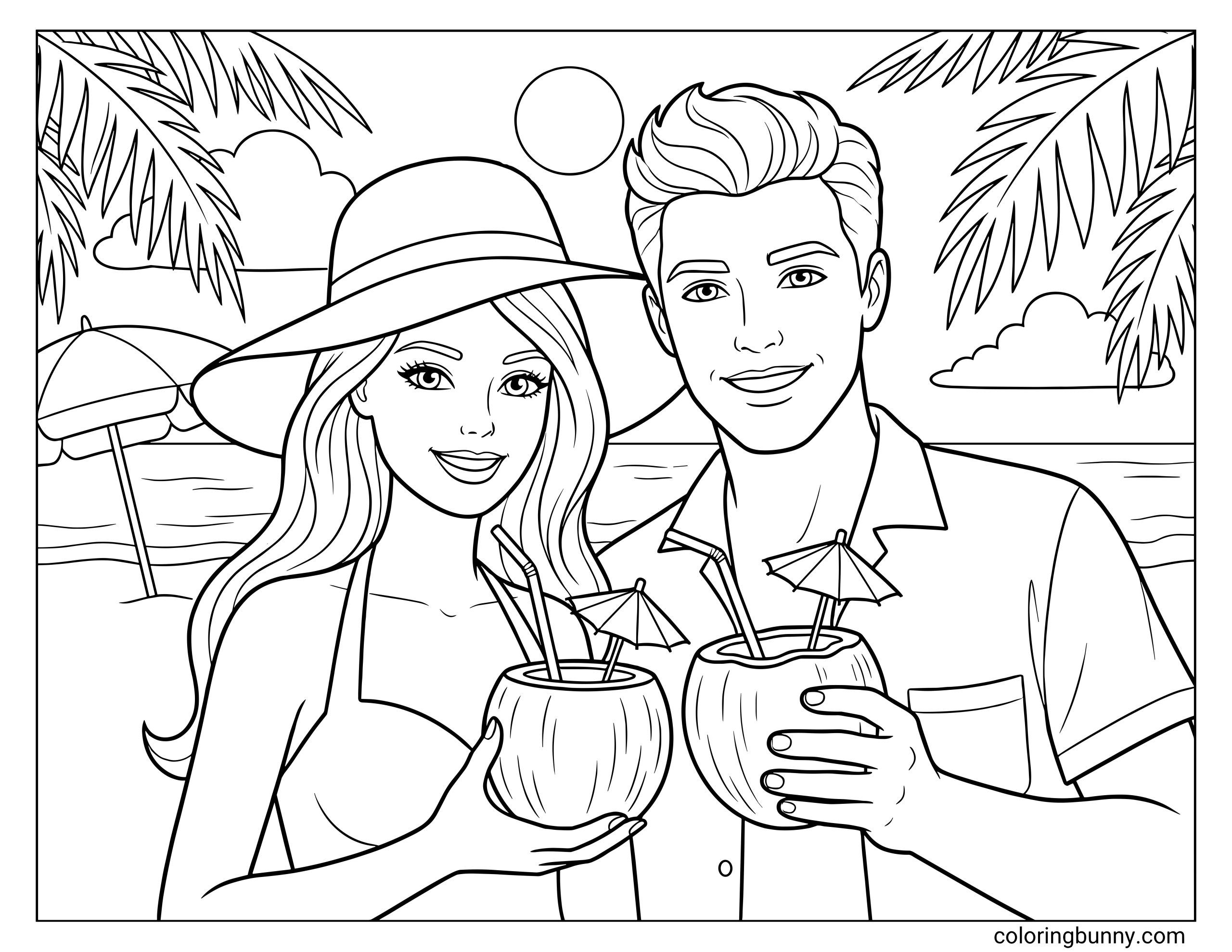 Simple Barbie and Ken coloring page for kids featuring the happy couple enjoying the beach with coconut drinks, a wide-brimmed hat, and palm fronds.