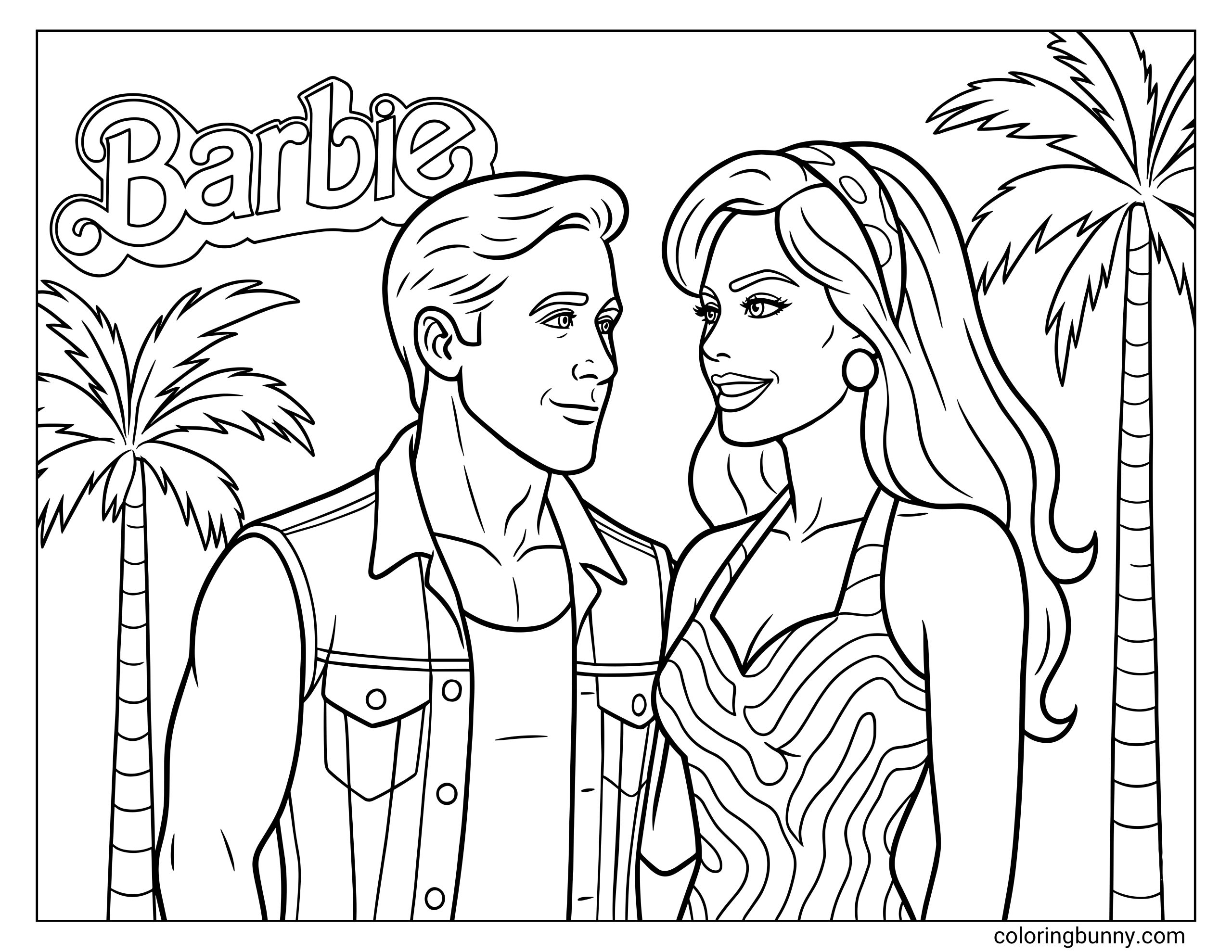 Barbie movie coloring page featuring Ken in a denim vest and Barbie in a patterned dress smiling at each other next to palm trees and a Barbie logo.