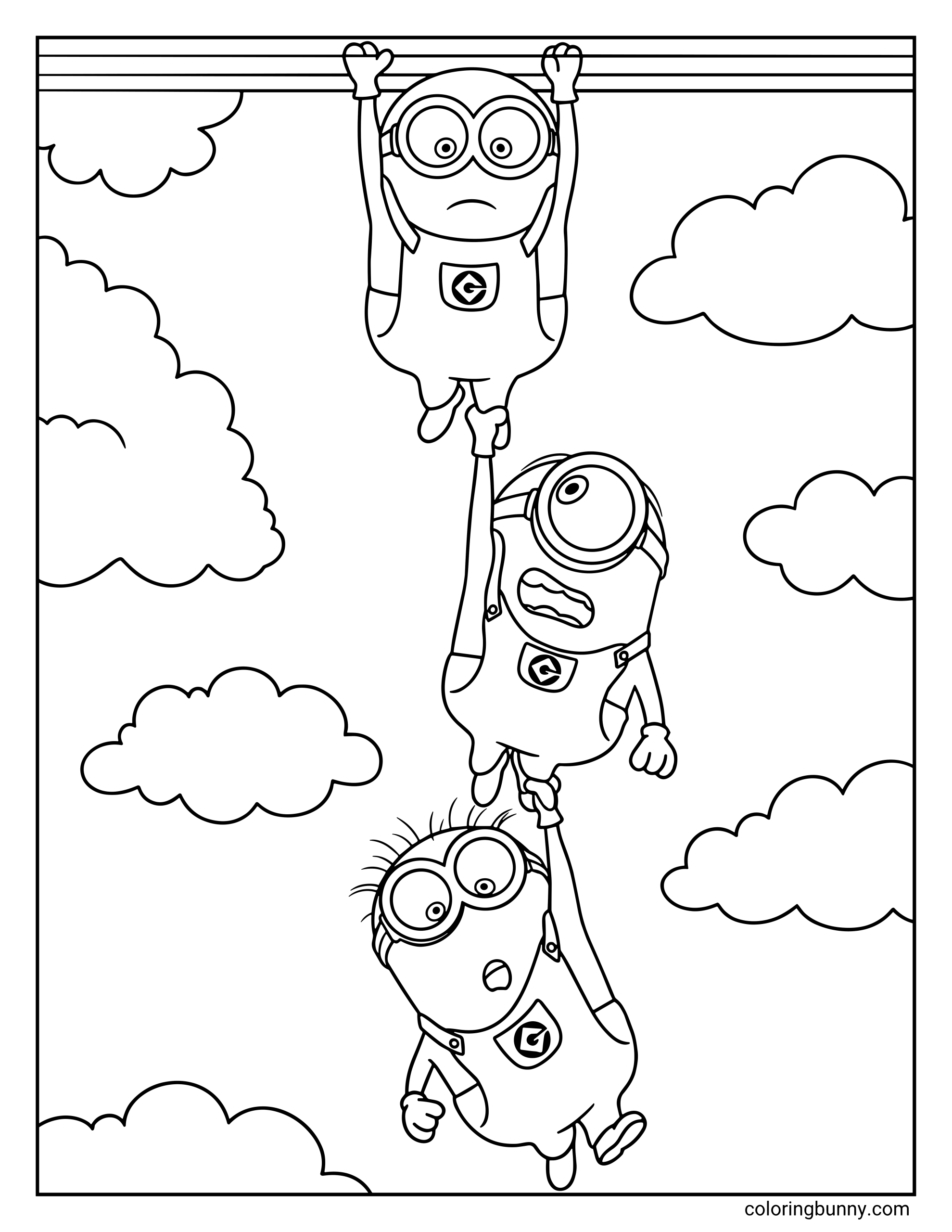 A Minions coloring page featuring Kevin, Stuart, and Bob hanging from a bar high in the sky with clouds around them. Kevin holds the bar while Stuart and Bob hang below him, all looking surprised as they dangle in the air.