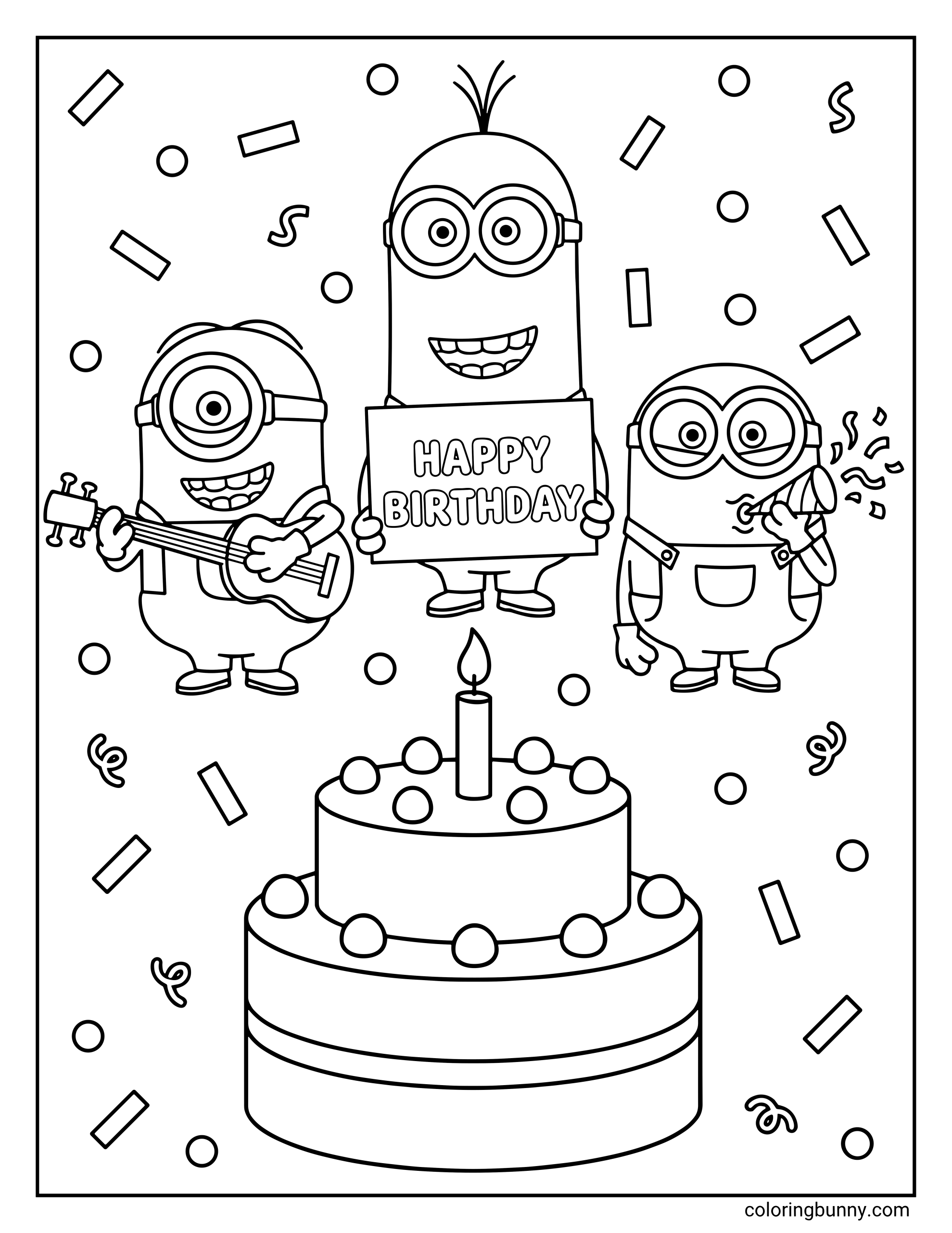 A Minions birthday coloring page featuring Kevin, Bob, and Stuart from celebrating with a big cake and confetti. Kevin holds a “Happy Birthday” sign while Stuart plays a guitar and Bob blows a party horn.
