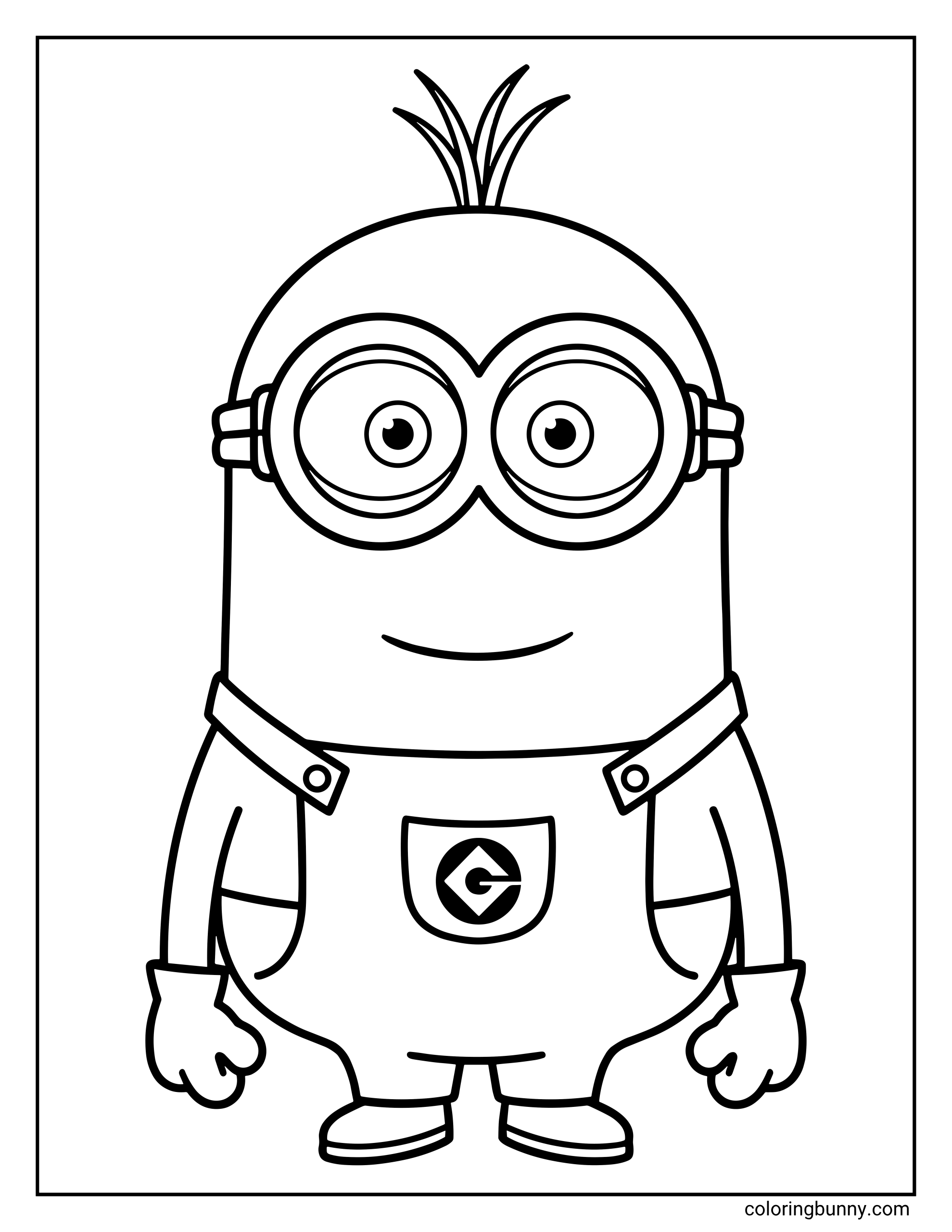 A Minion coloring page featuring Kevin, the tall Minion, standing and smiling straight ahead. He wears his overalls with the Gru logo, gloves, and goggles, with his short hair sticking up on top.