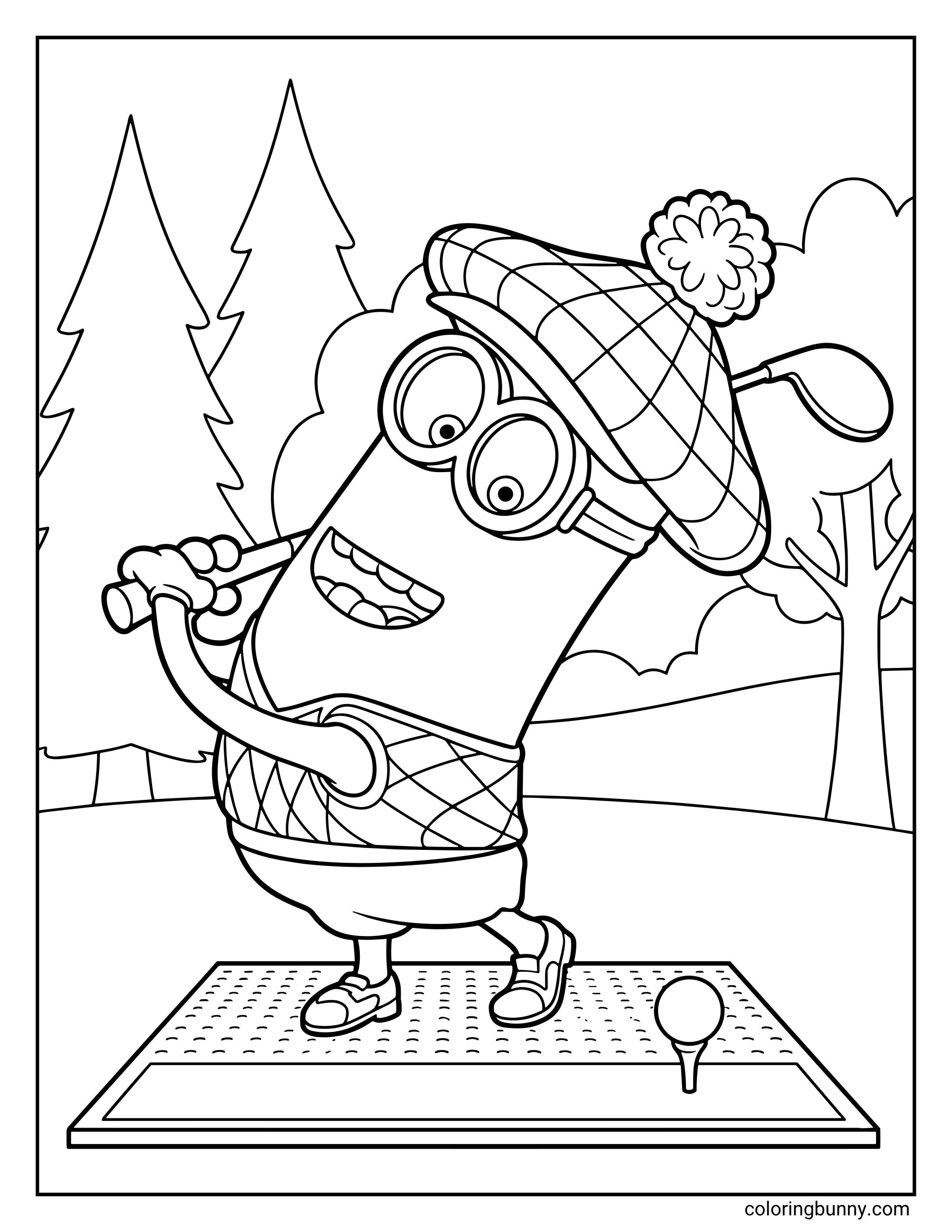 A Minions coloring page featuring Kevin swinging a golf club on a tee. He wears a golf outfit and hat while standing on a small tee mat with trees in the background.