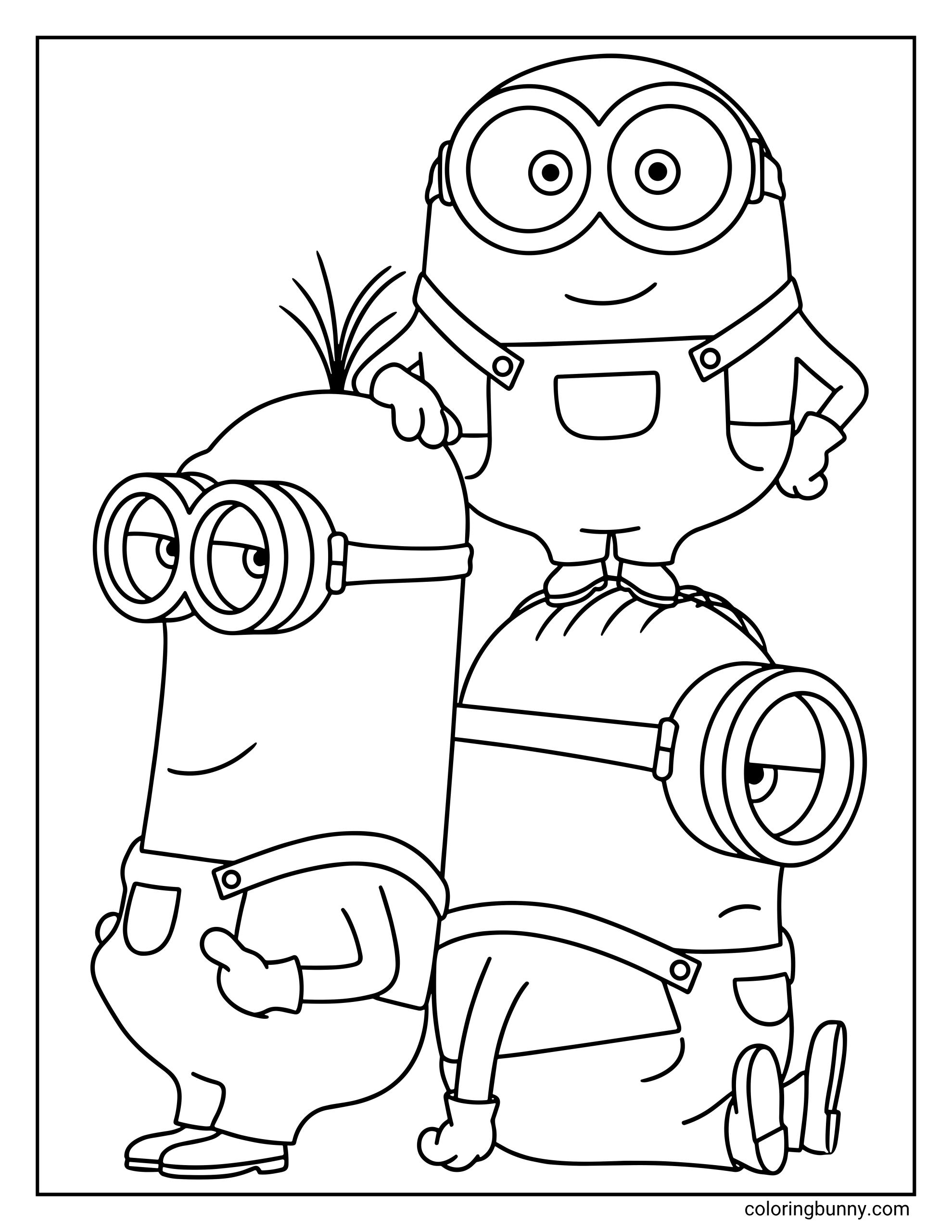 A Minions coloring page featuring Kevin standing on Stuart’s shoulders while Bob stands beside them. The three Minions pose together in their overalls and goggles, smiling in a fun stacked pose.