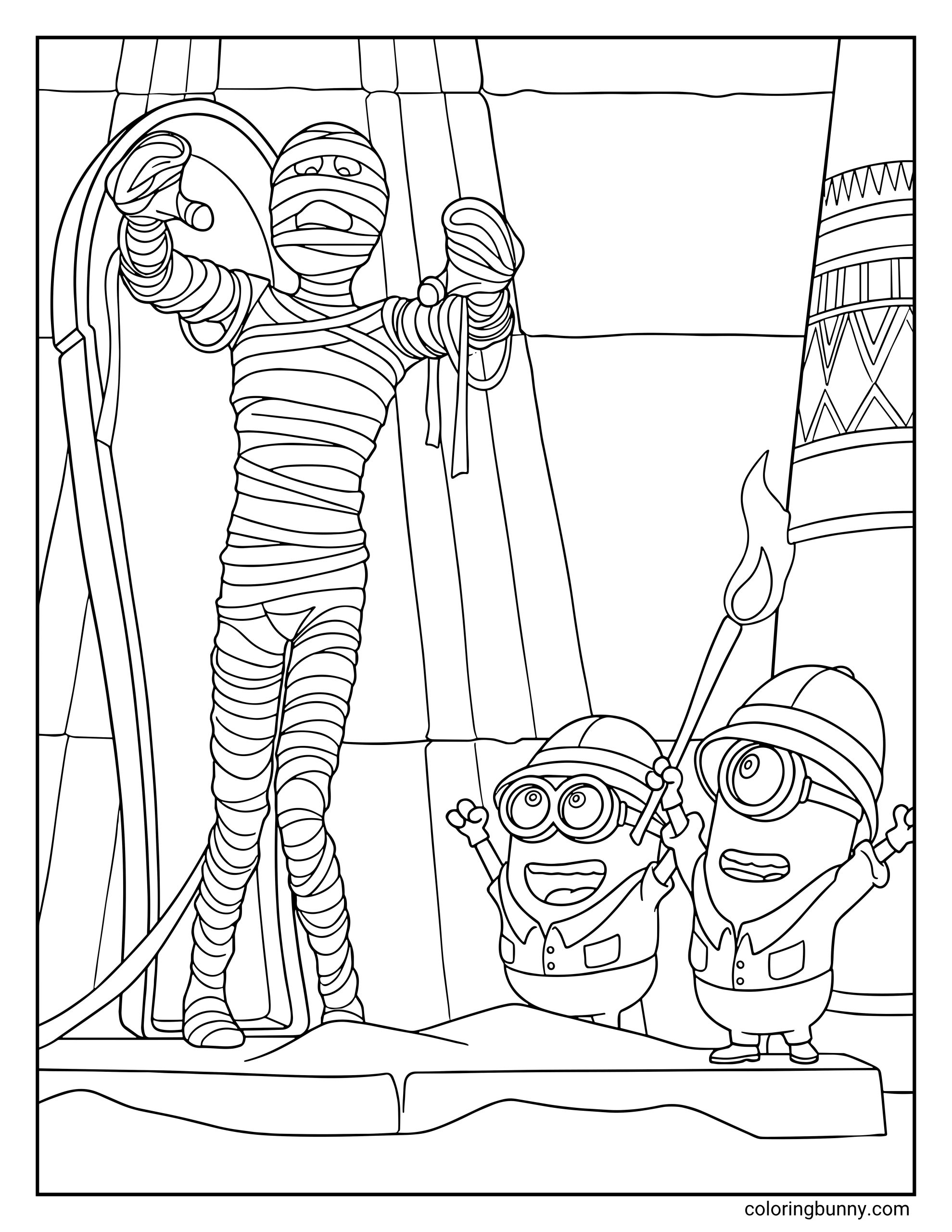 A Minions coloring page featuring Kevin and Bob from Minions & Monsters dressed as explorers, standing in a tomb while a mummy wrapped in bandages reaches out. Kevin holds a torch while Bob raises his arms.