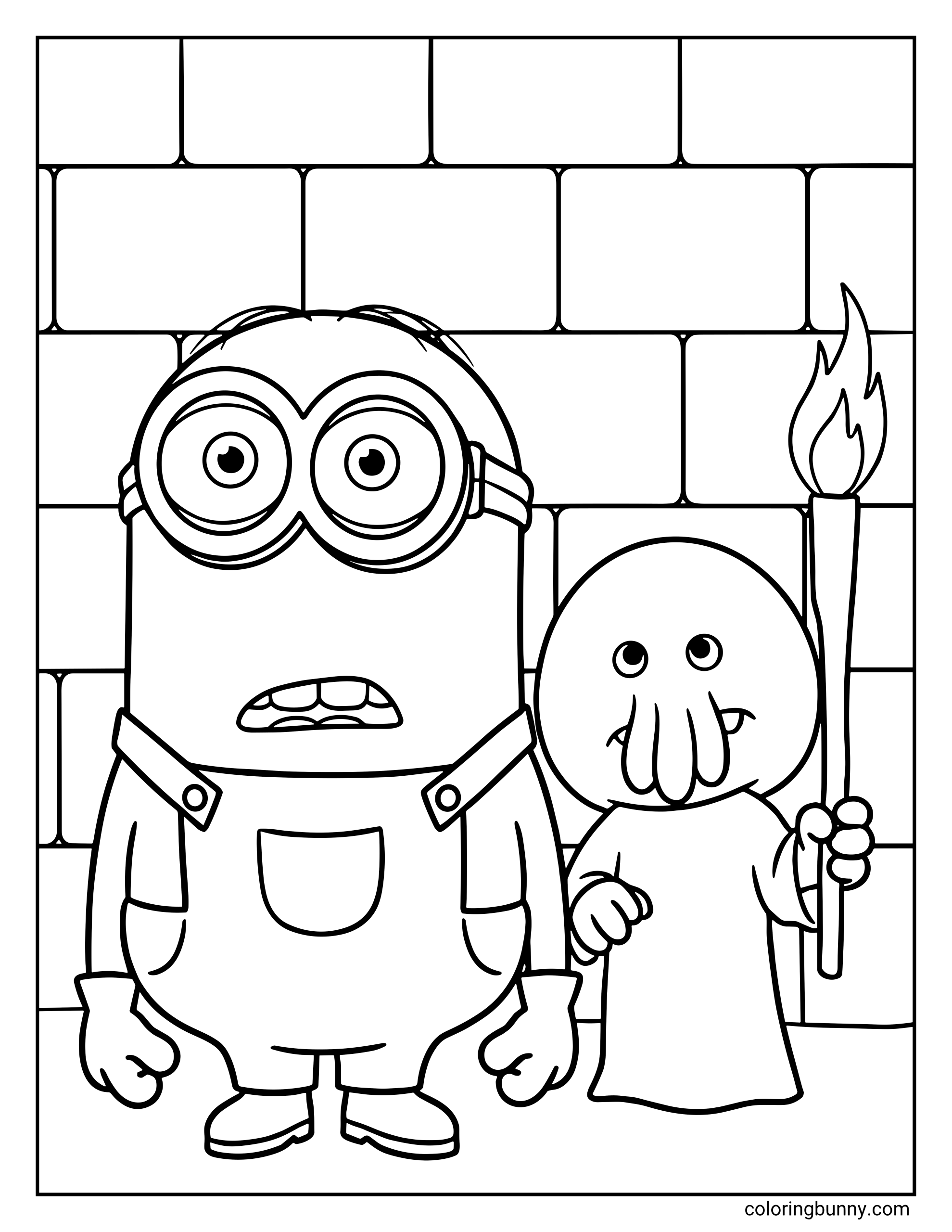 A Minions coloring page featuring Kevin from Minions & Monsters standing next to a small monster holding a torch in a stone room. Kevin looks a little nervous while the friendly monster stands beside him.