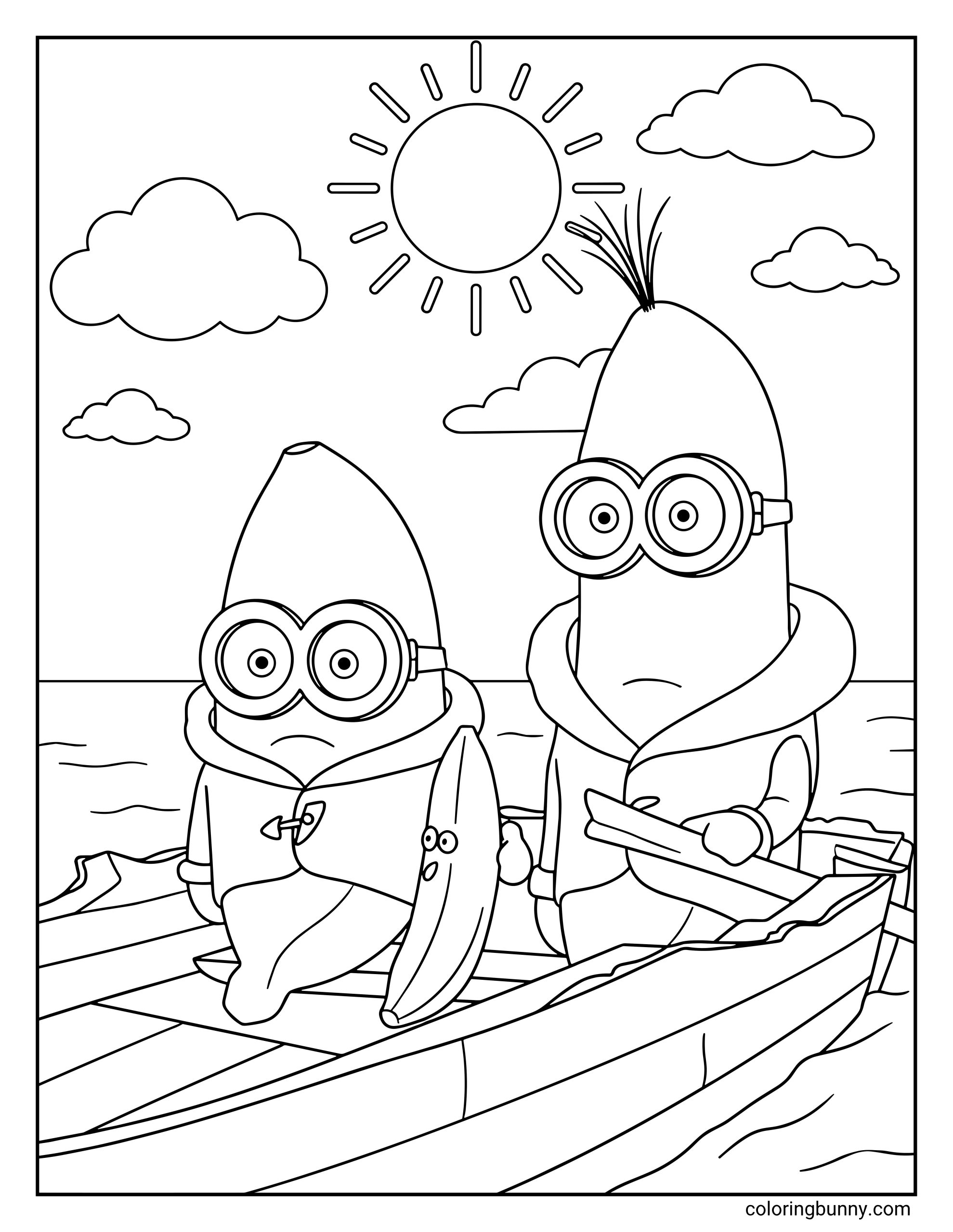 A coloring page from the Minions movie featuring Kevin and Stuart wearing their winter parkas while adrift in a small wooden boat. Kevin stoically holds an oar while a grumpy Stuart sits beside a sentient banana with a face under a bright, radiating sun.