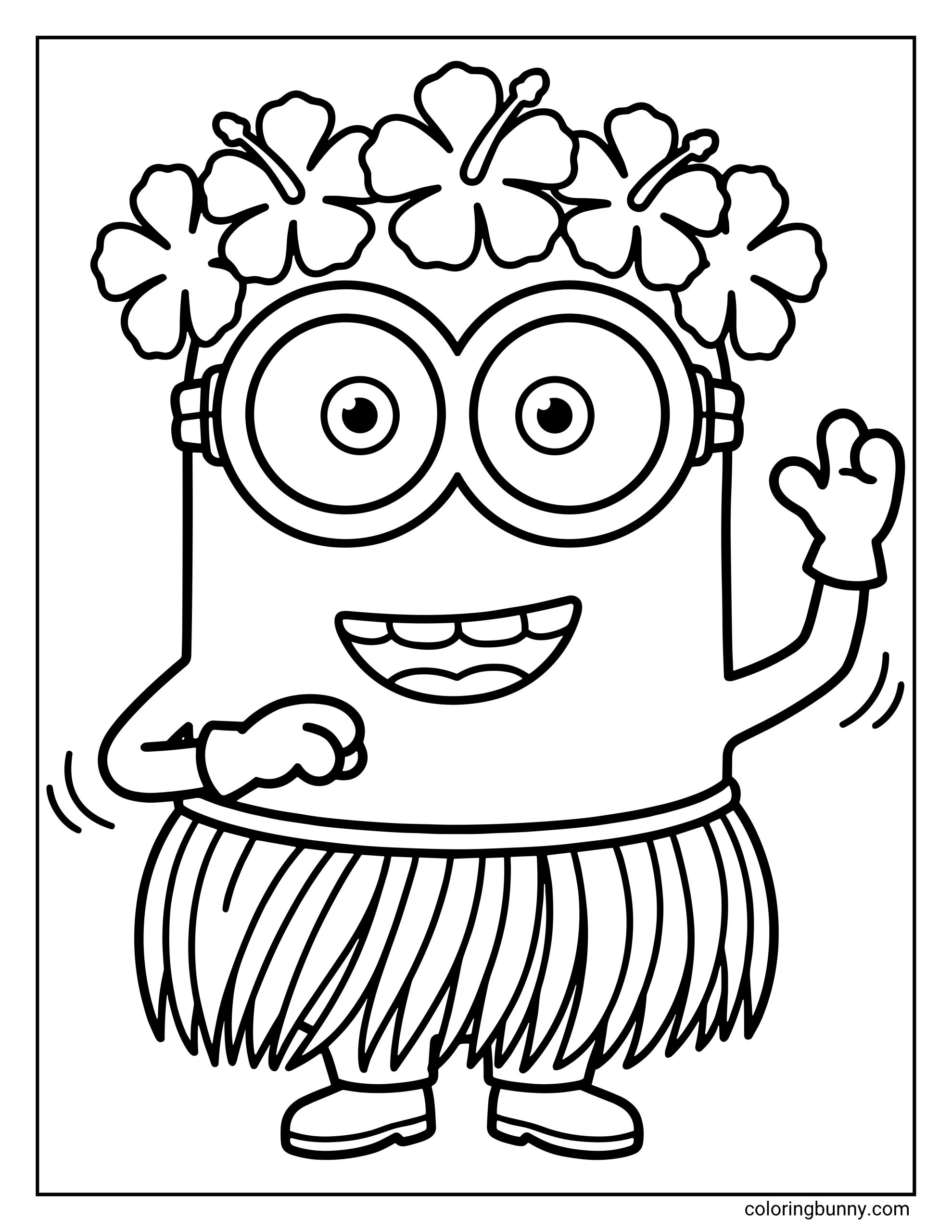 A coloring page from the film Minions featuring Kevin dressed in a traditional hula grass skirt and a large crown made of hibiscus flowers. He has a joyful expression and is waving one hand as if performing a tropical island dance.