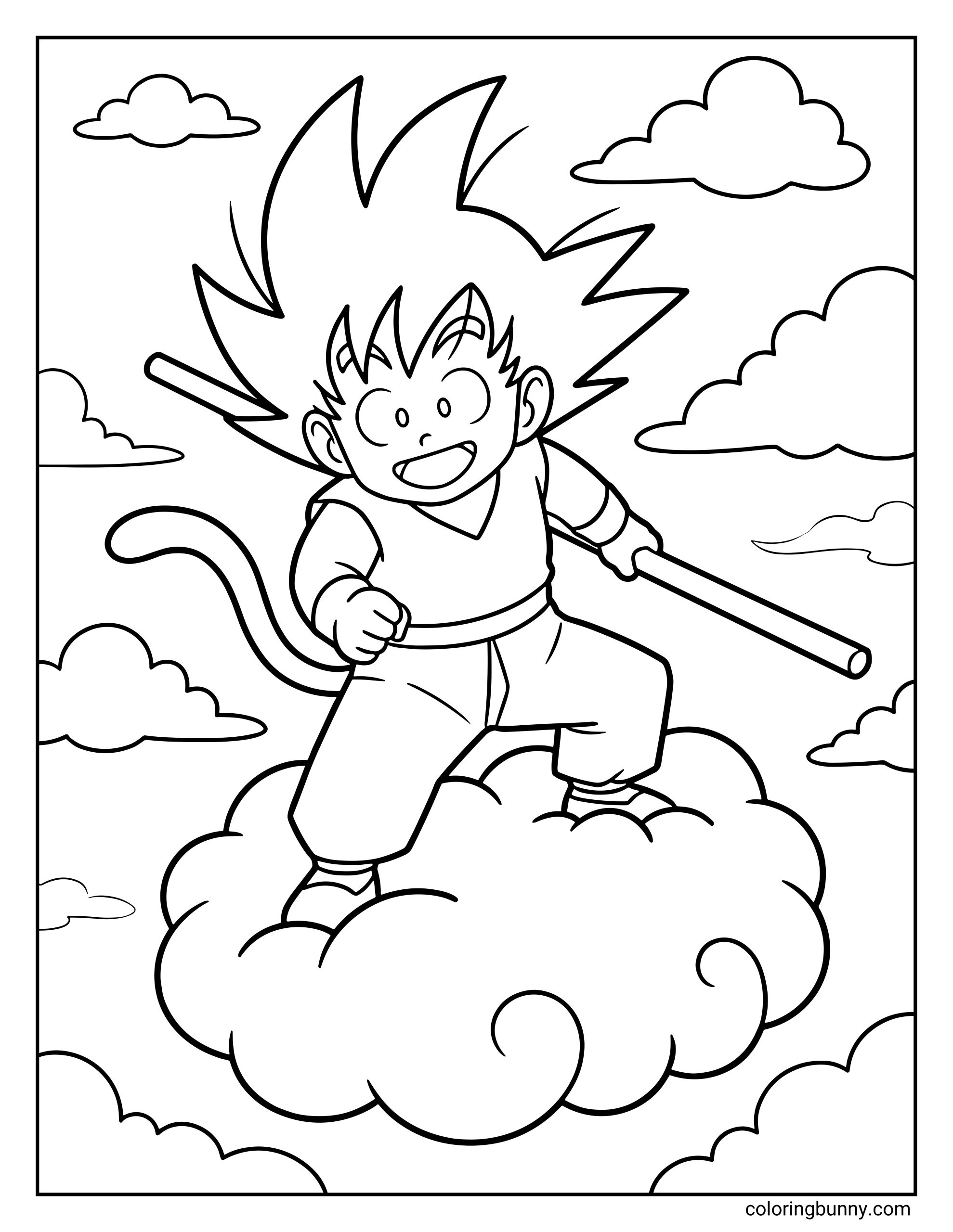 A Dragon Ball coloring page featuring Kid Goku riding the Flying Nimbus cloud while holding his Power Pole. The young Saiyan smiles happily as he travels through the sky with fluffy clouds all around.