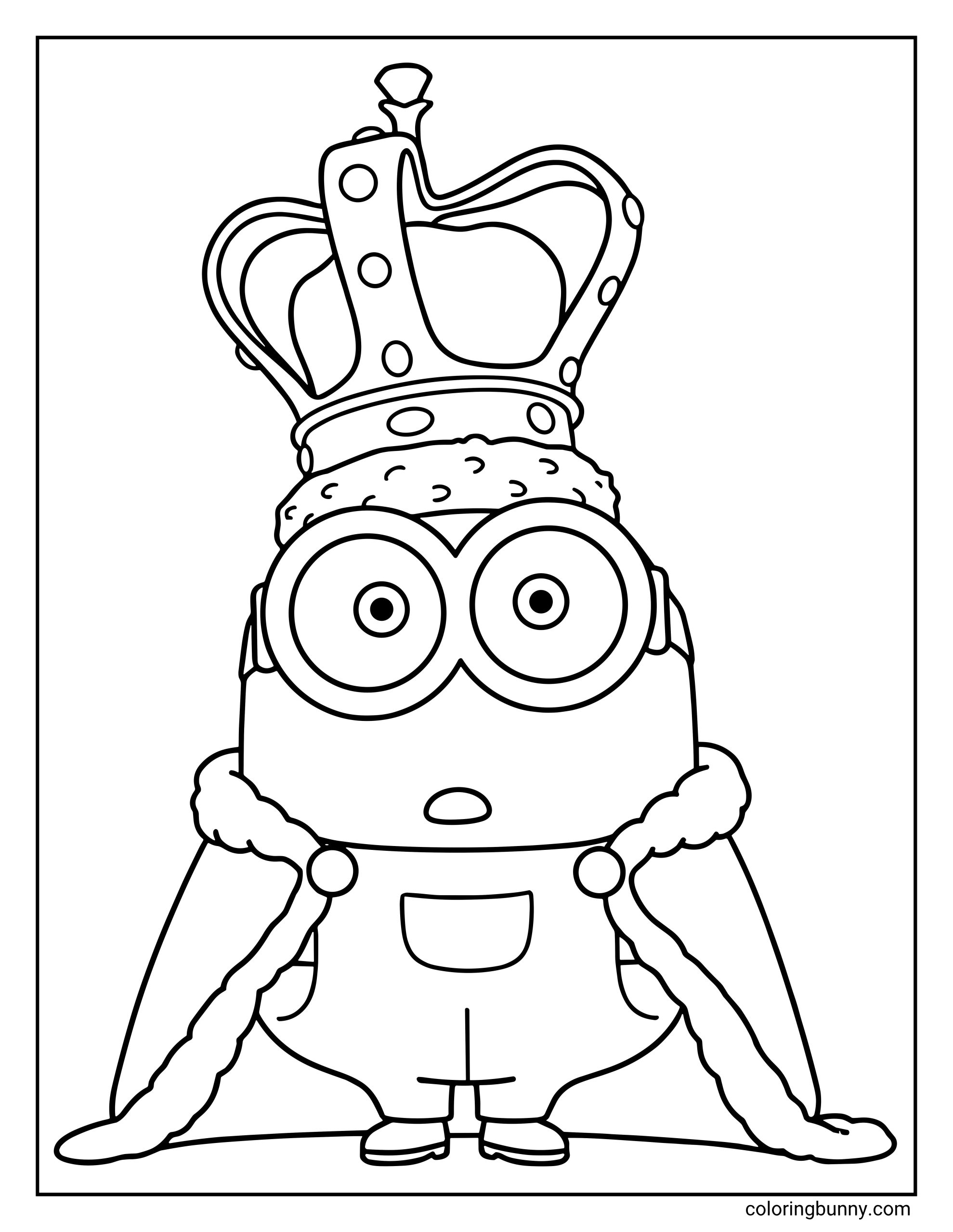 A Minions coloring page featuring Bob dressed as a king, wearing a large crown and a royal cape. He stands with a surprised expression while wearing his overalls and royal outfit.