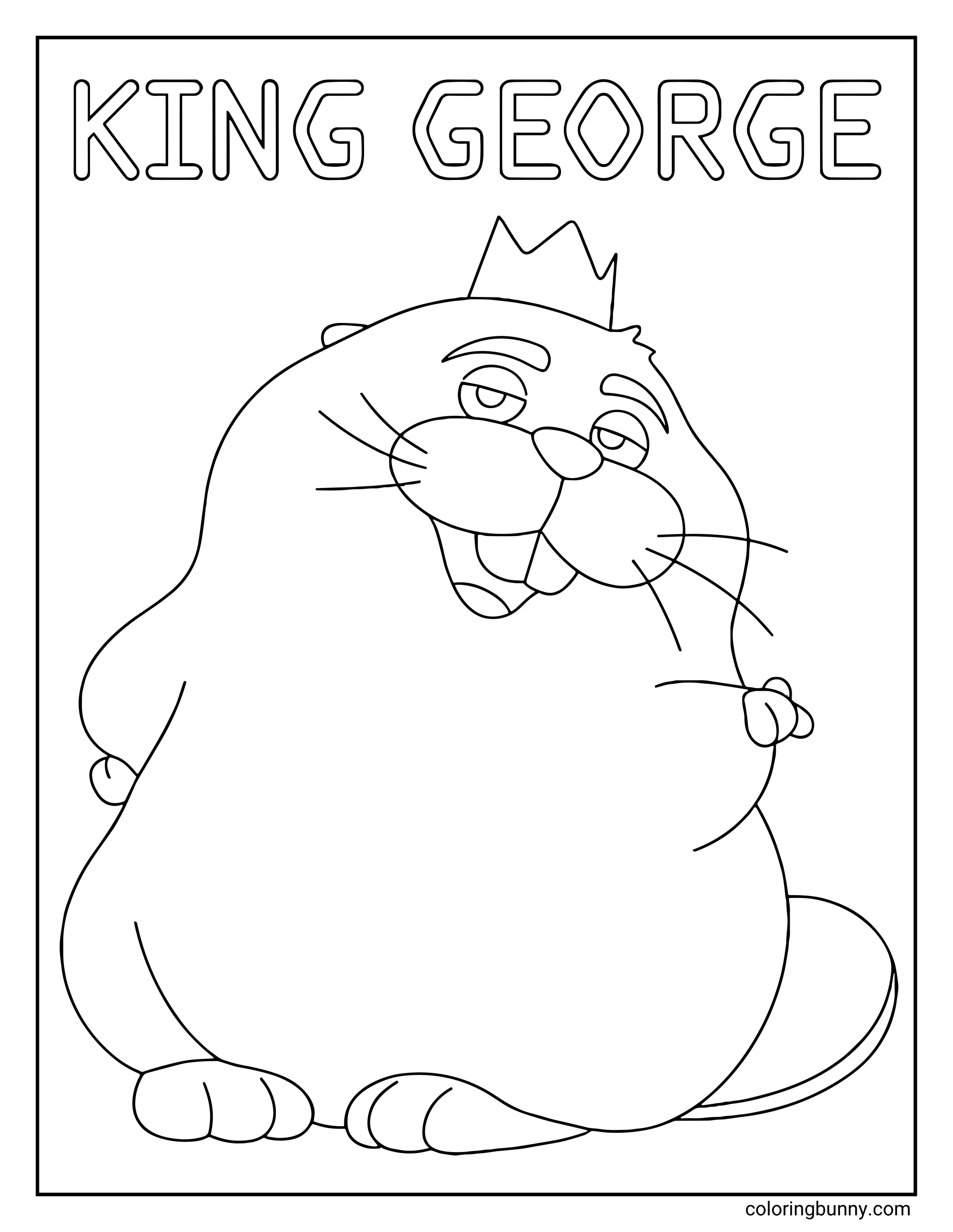 A Hoppers Disney coloring page featuring King George, a large beaver wearing a small crown and sitting with a relaxed, confident expression. The title “King George” appears above the proud ruler of the beaver community.