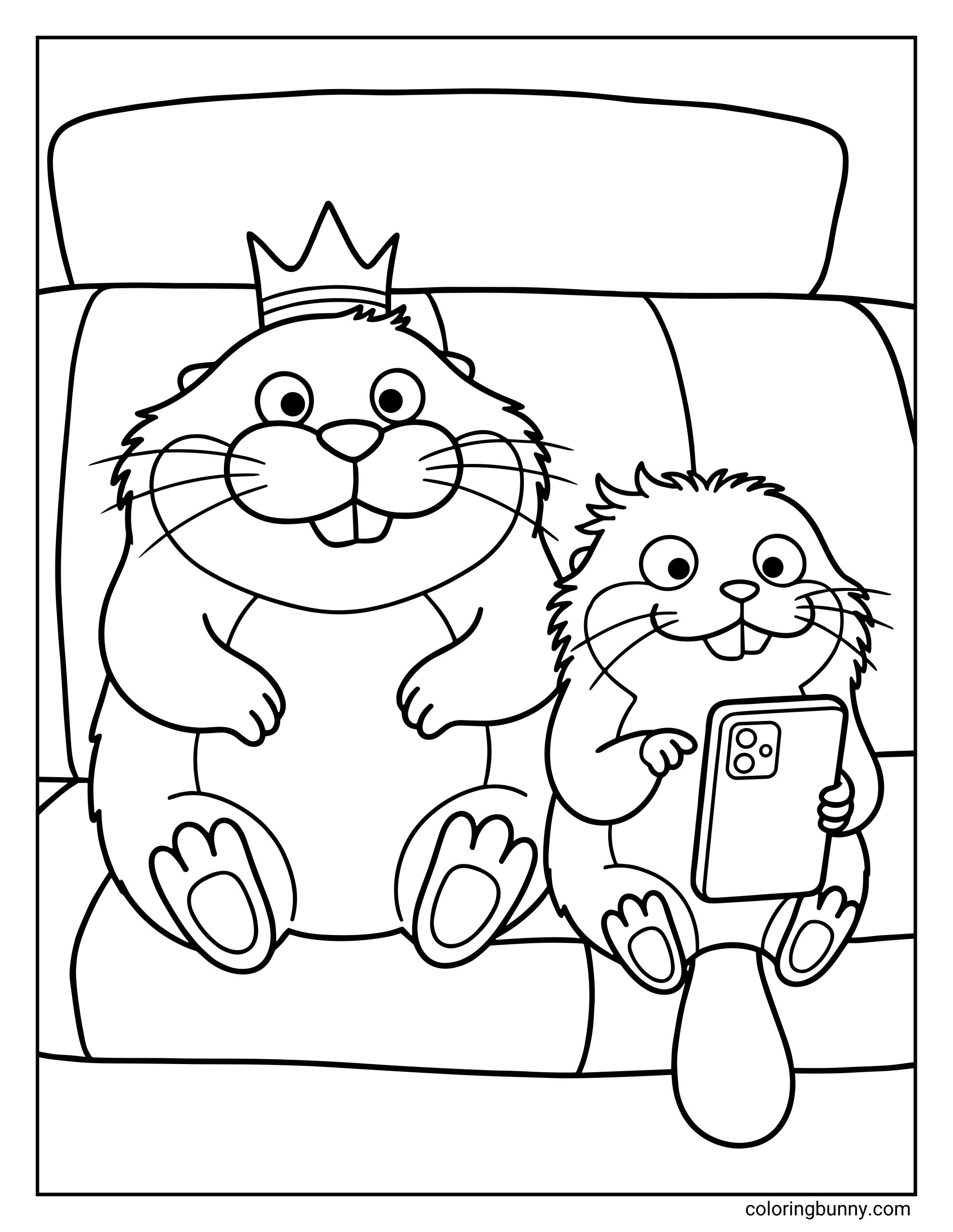 A Hoppers coloring page showing King George the beaver and Mabel the beaver sitting side by side on a car seat during a journey. King George wears his crown while Mabel holds a smartphone, both smiling as they ride together in the back seat.