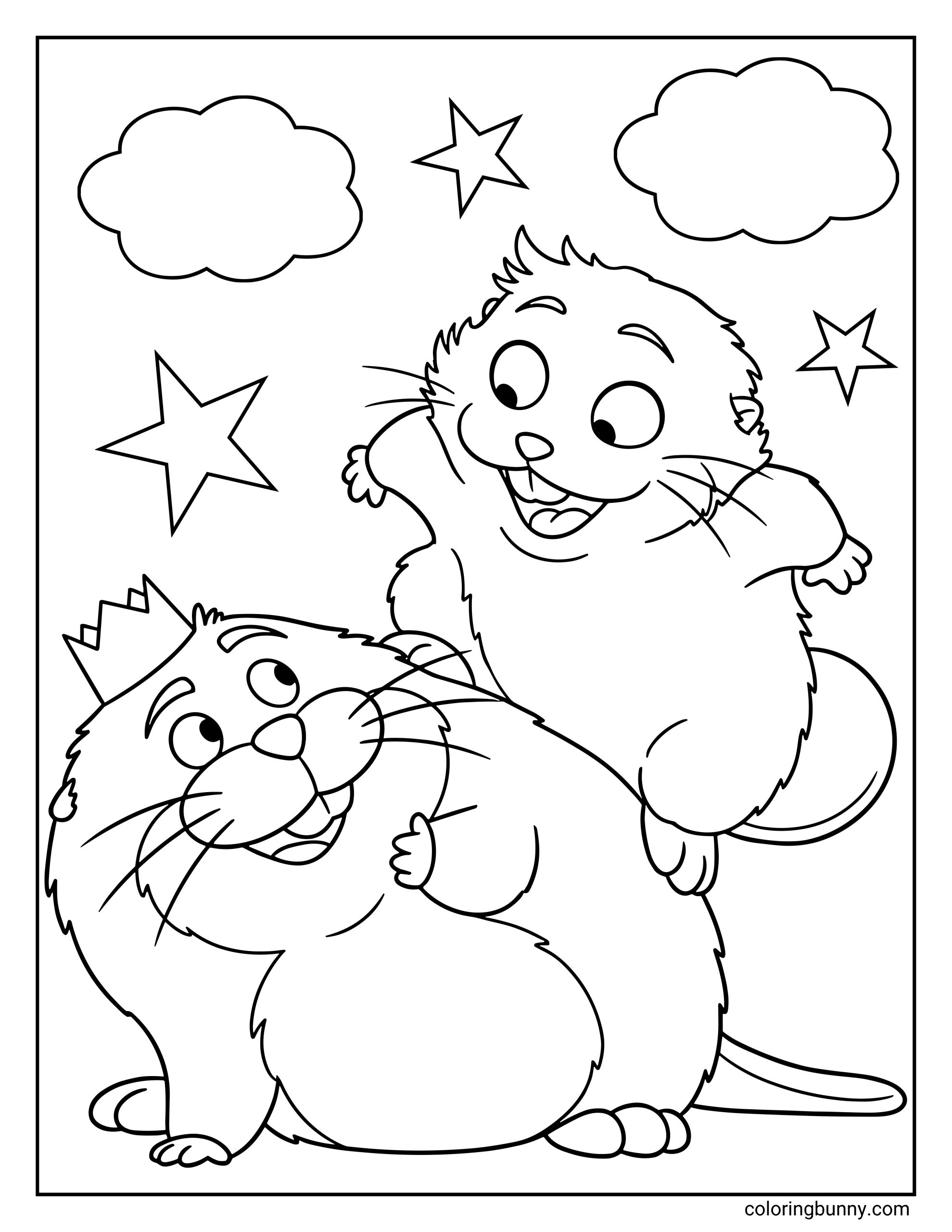 A Disney Pixar Hoppers coloring page showing King George the beaver sitting proudly while Mabel the beaver jumps happily beside him. Stars and clouds float in the background as the crowned King George smiles up at Mabel, capturing a playful moment between the beaver ruler and his energetic companion.