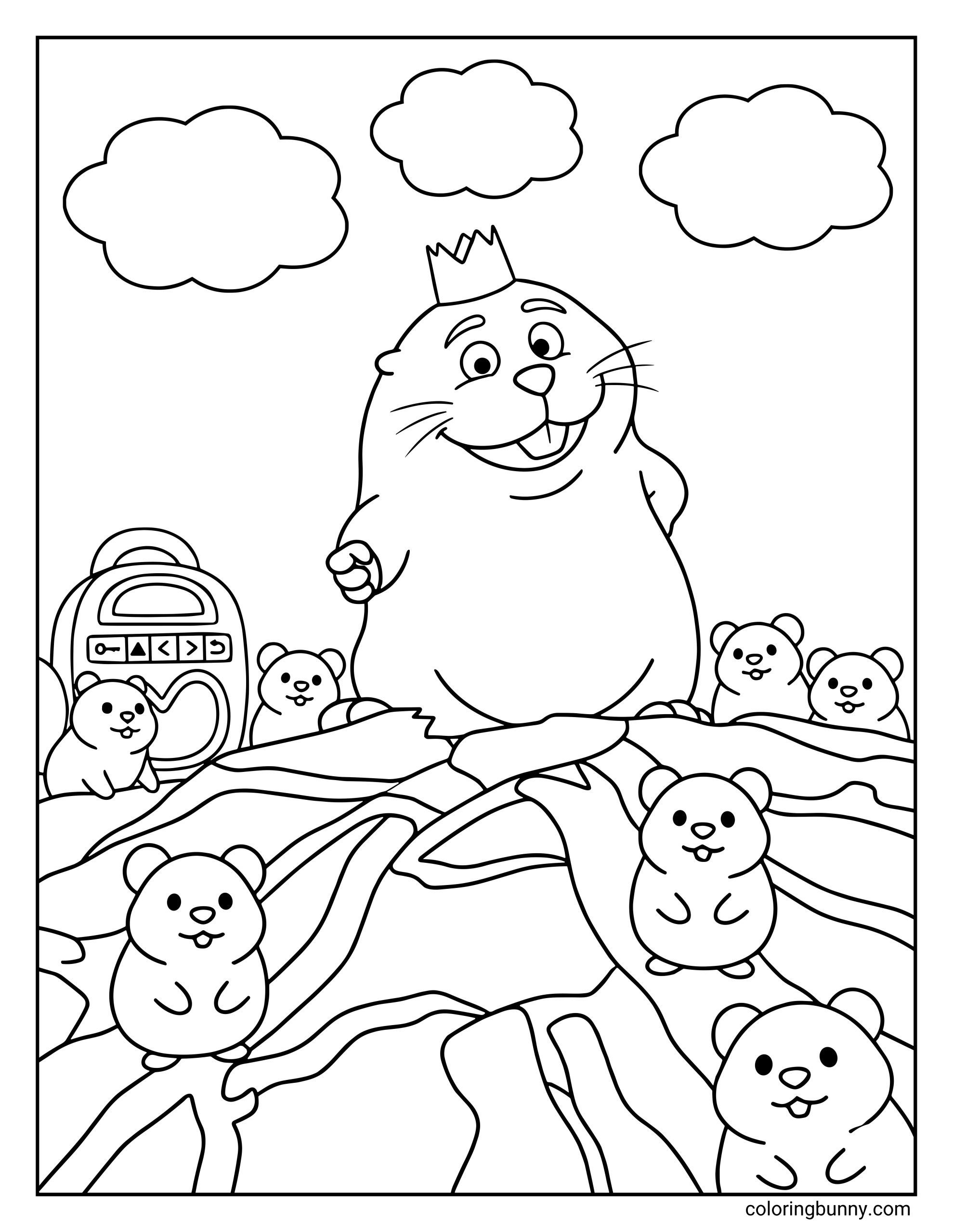A Hoppers coloring page showing King George the beaver standing proudly on a large tree log while wearing his crown. Several small beavers gather around him as he smiles confidently, with a backpack radio sitting nearby and fluffy clouds floating in the sky above.