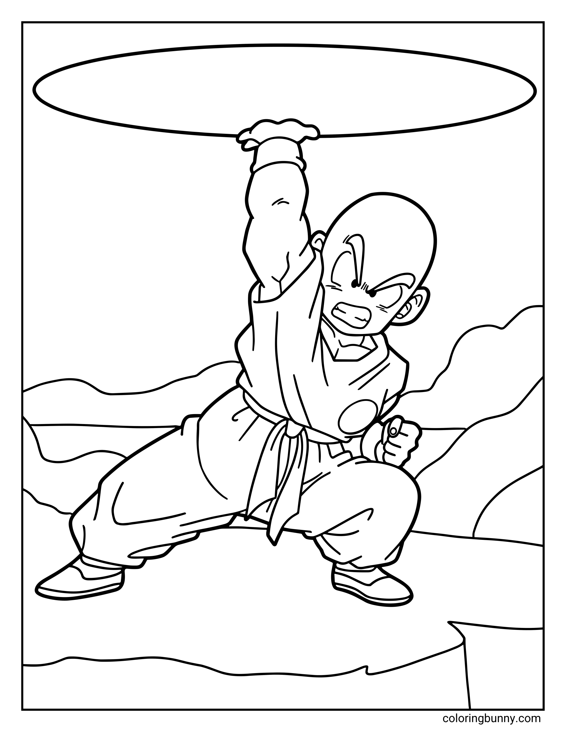 A Dragon Ball Z coloring page featuring Krillin launching his Destructo Disc attack. The bald Z Fighter stands in a fighting stance while holding the glowing circular energy blade above his head.
