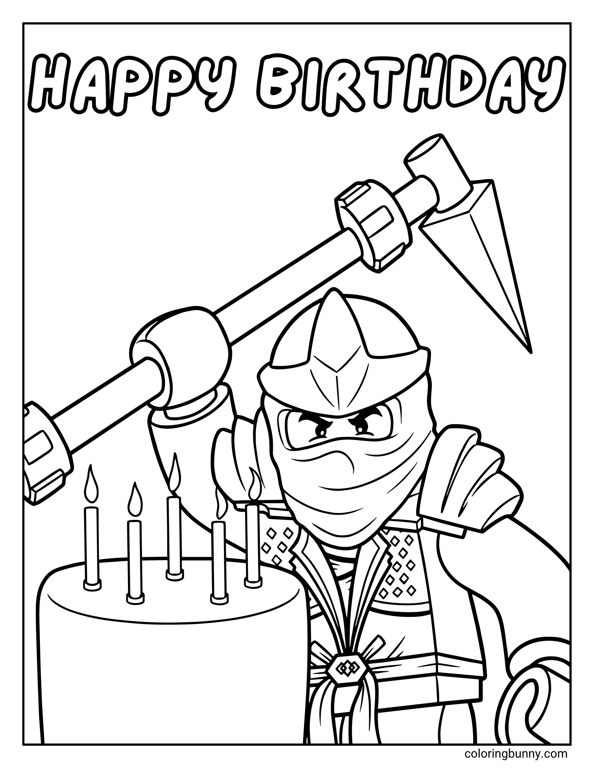 A LEGO Ninjago coloring page of Cole, the Master of Earth, celebrating a birthday with a large cake topped with five lit candles. He is holding his powerful Scythe of Quakes overhead, with the words "HAPPY BIRTHDAY" printed in fun, bubbly letters at the top.