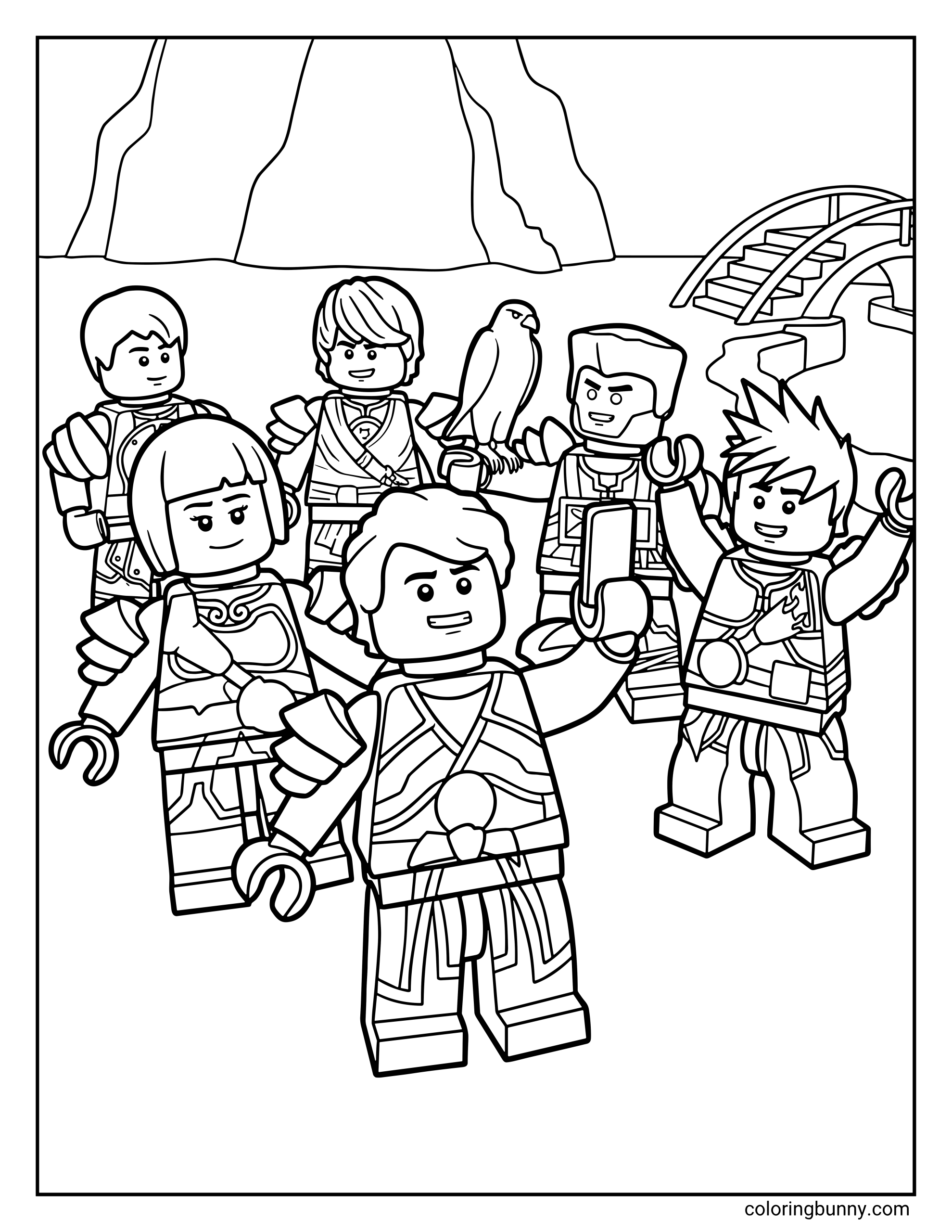 A LEGO Ninjago coloring page of Jay, Nya, Lloyd, Cole, Zane, and Kai gathered together outdoors for a group selfie. Jay holds up a phone while Zane carries his falcon on his arm, all set against a background featuring a bridge and a large mountain.