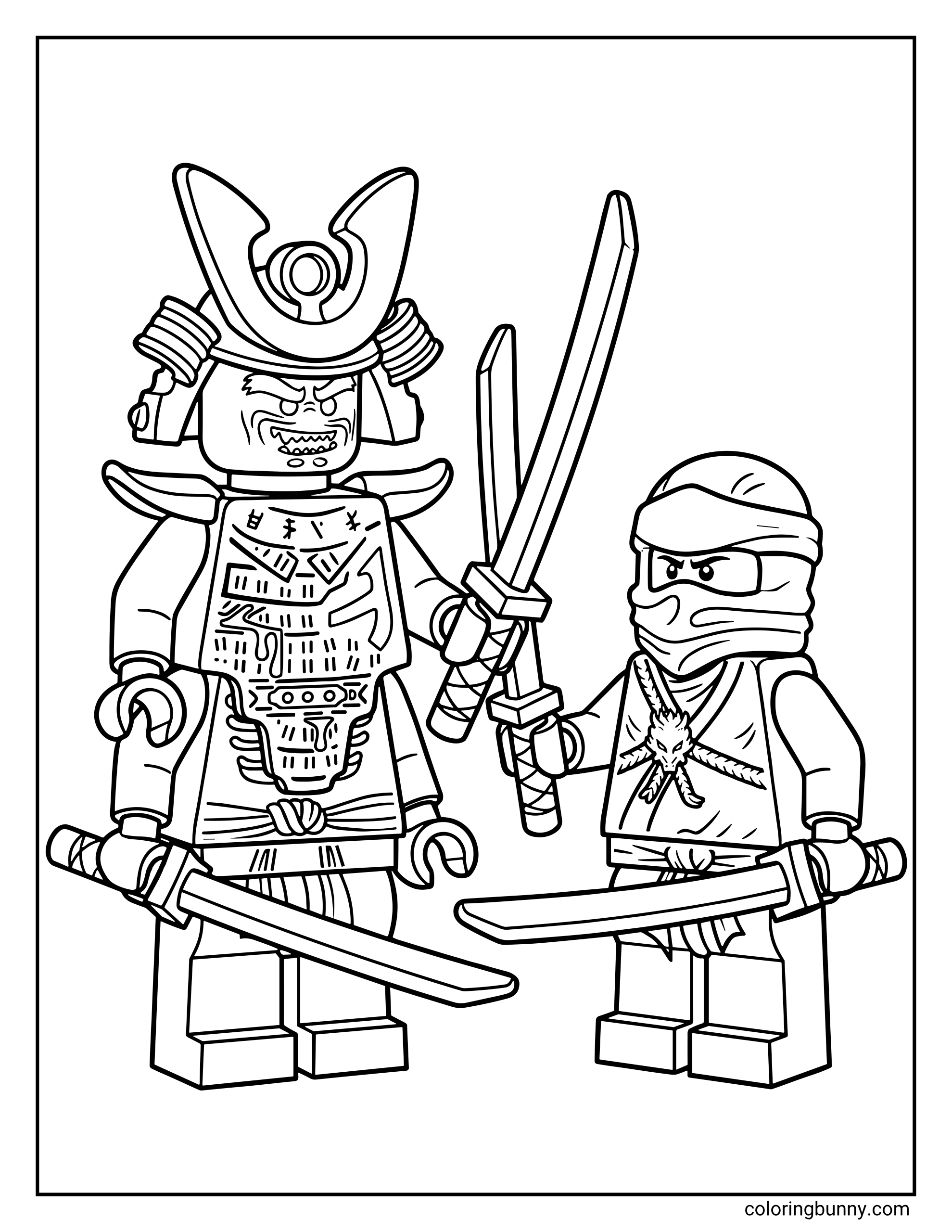 A LEGO Ninjago coloring page of Lord Garmadon and Lloyd Garmadon standing side-by-side with their swords drawn and ready for a duel. The scene depicts the intense rivalry between father and son, with Lord Garmadon in his full samurai armor and Lloyd in his ninja gear.