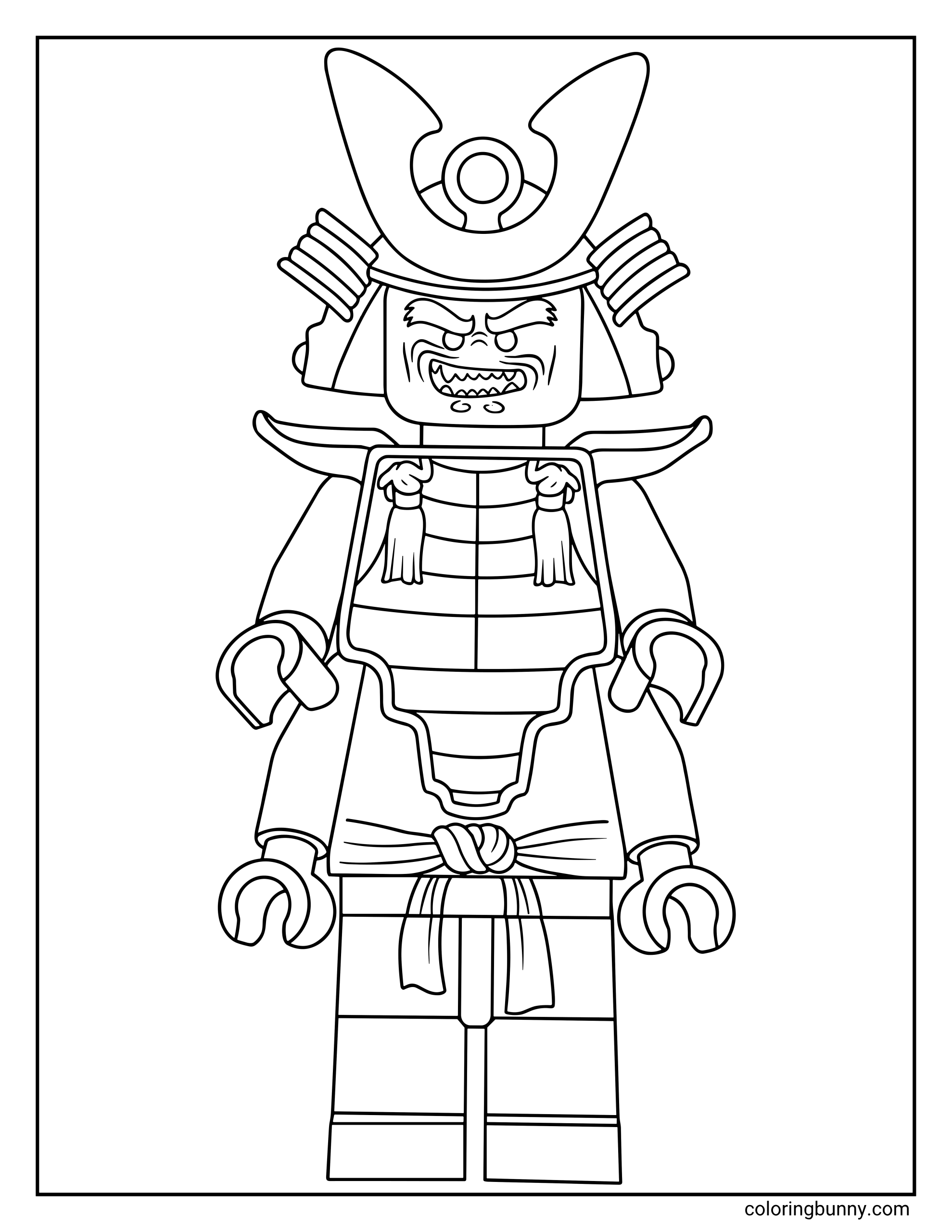 A LEGO Ninjago coloring page of Lord Garmadon in his four-armed form, wearing elaborate samurai armor and a large horned helmet. The villainous master of destruction is shown with a menacing, toothy grin.