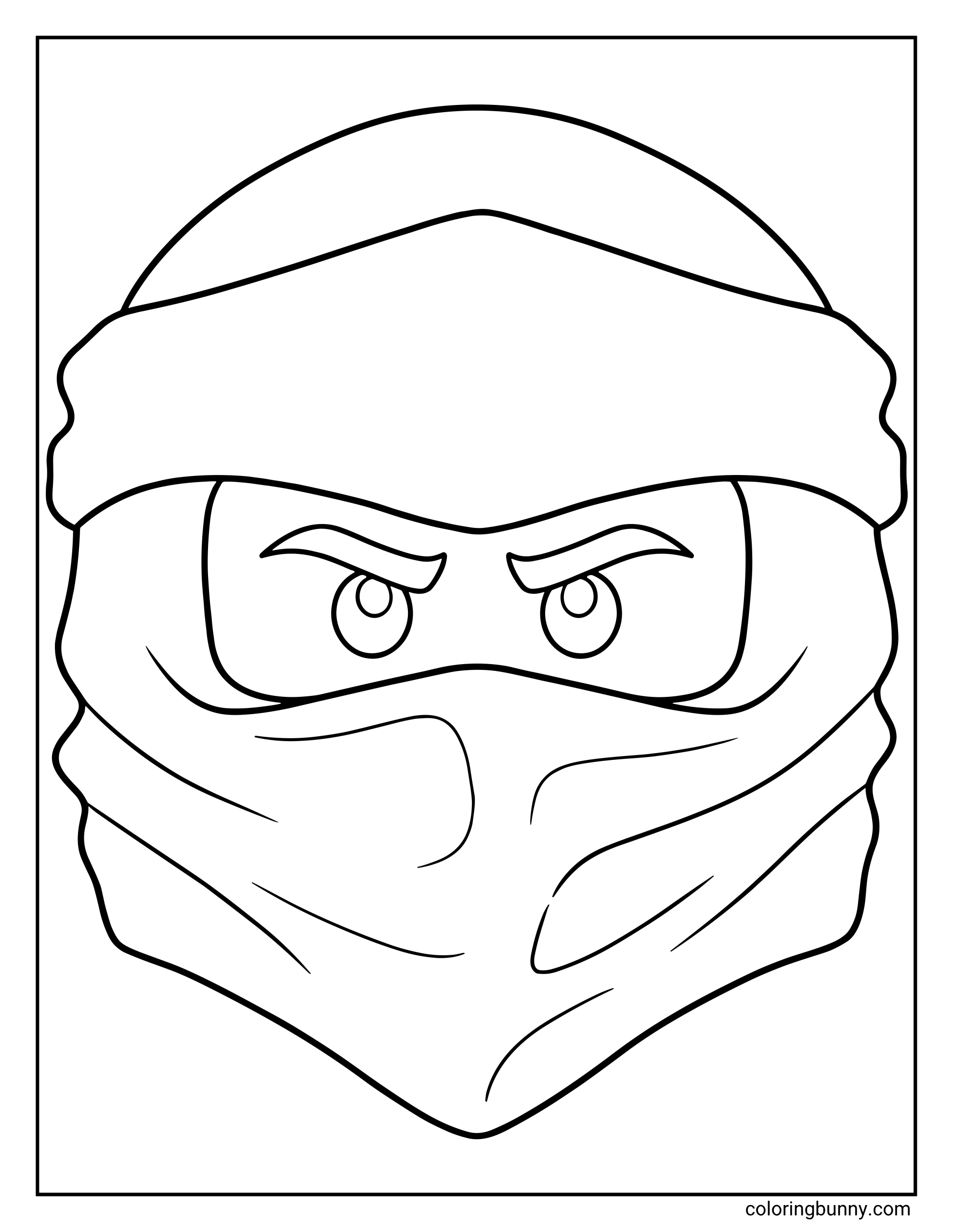 A LEGO Ninjago coloring page featuring a large, close-up view of a ninja mask with determined, focused eyes looking out. The simple and bold lines define the hood and face wrap, making it a template to represent any of the elemental masters.