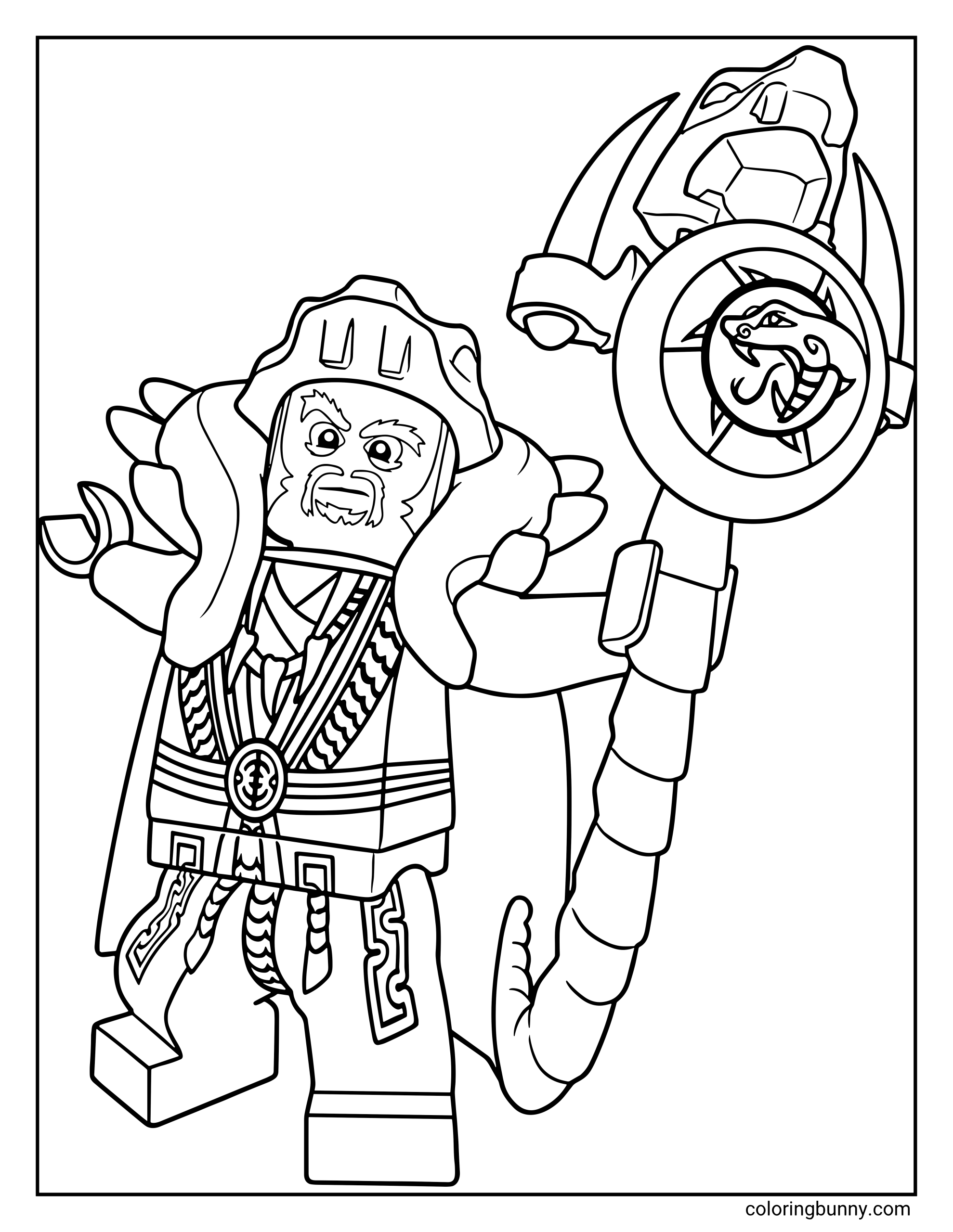 A LEGO Ninjago coloring page of Master Chen holding his powerful Staff of Elements, which features a prominent snake emblem. The villainous character is shown wearing his ornate cape and headpiece, looking ready to steal the powers of the elemental masters.