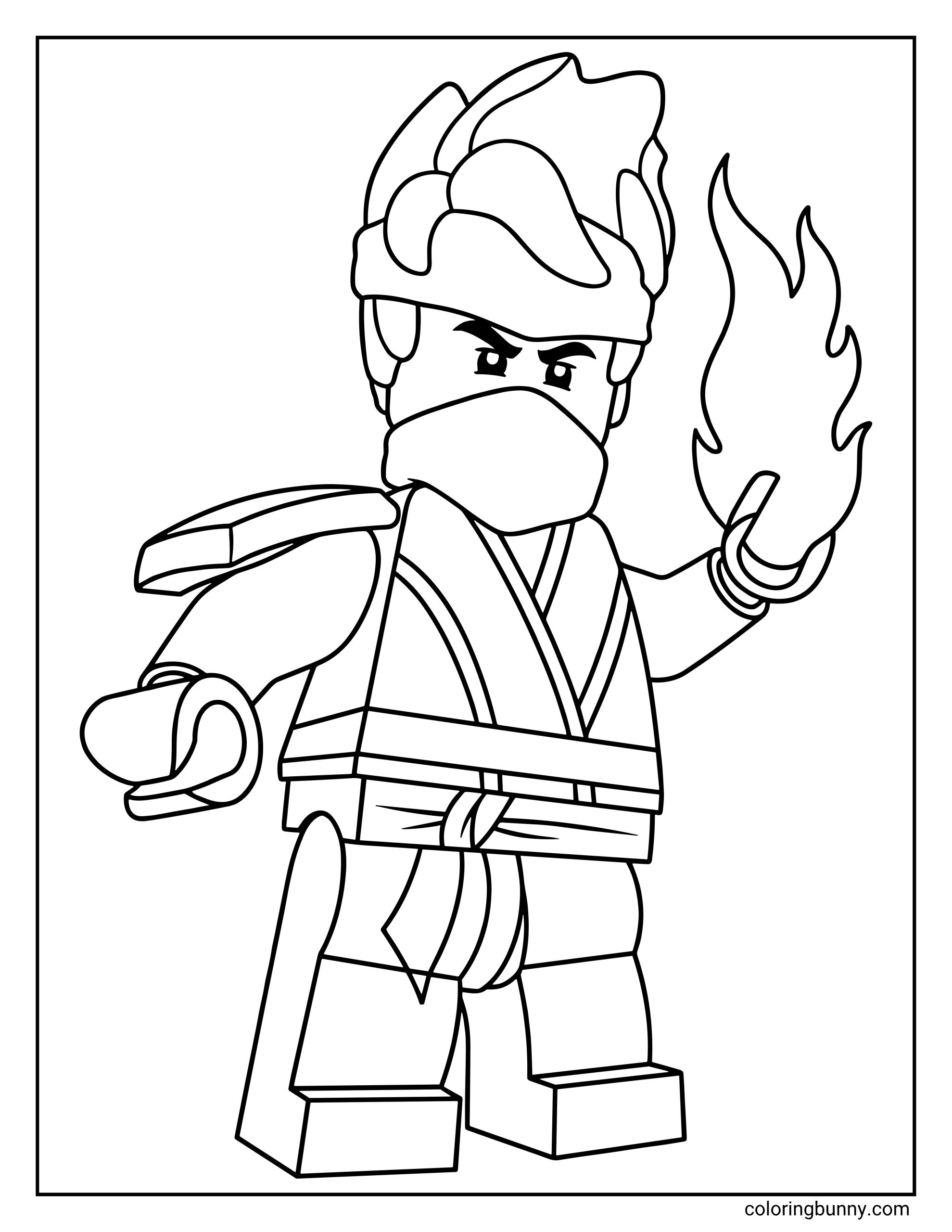 A LEGO Ninjago coloring page of Kai, the Master of Fire, standing in his ninja gi with a fierce expression. He is holding a concentrated ball of elemental fire in his left hand, ready to defend Ninjago from any threat.