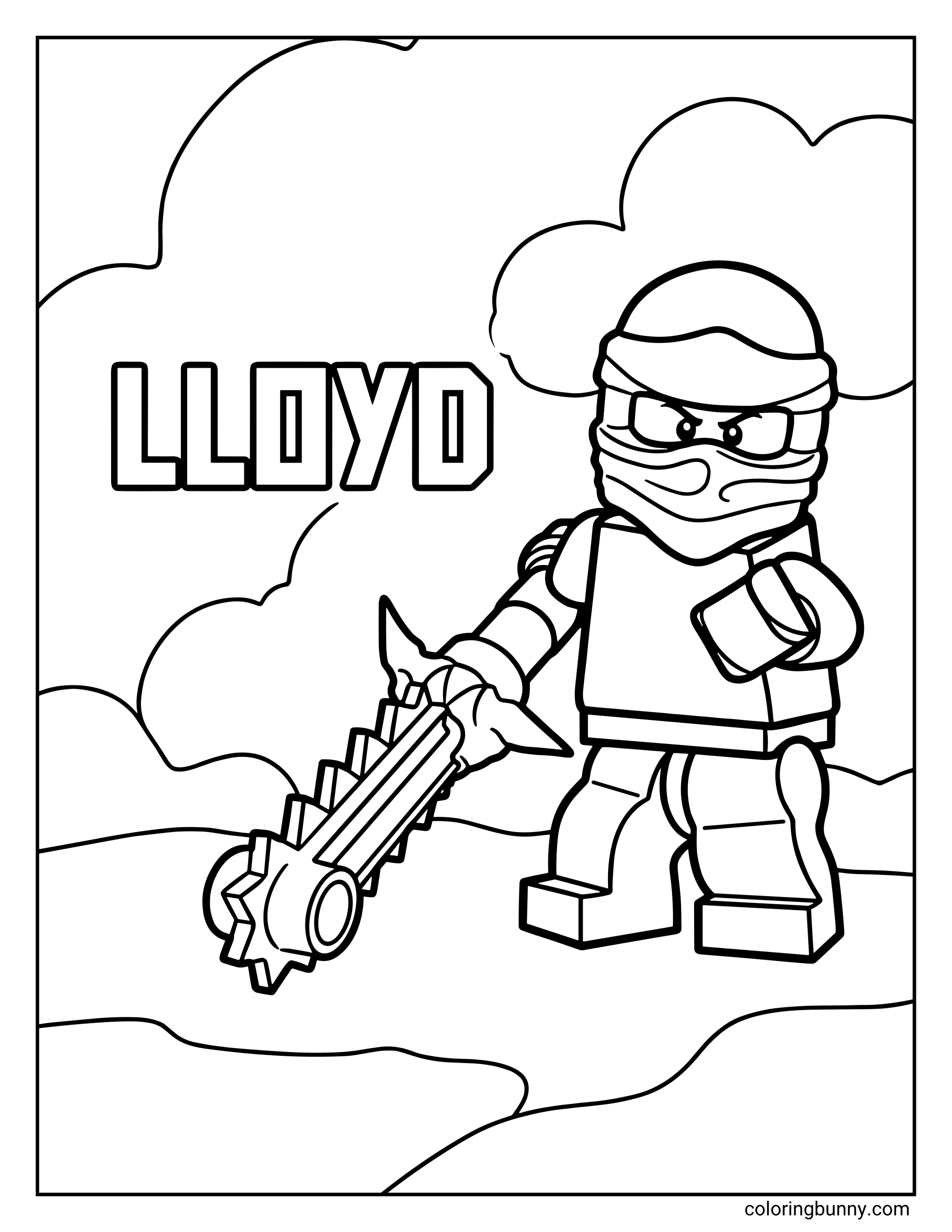 A LEGO Ninjago coloring page of Lloyd, the Green Ninja, standing in a bold combat pose while holding a large, serrated sword. His name is printed in thick block letters against a background of soft, rolling clouds.