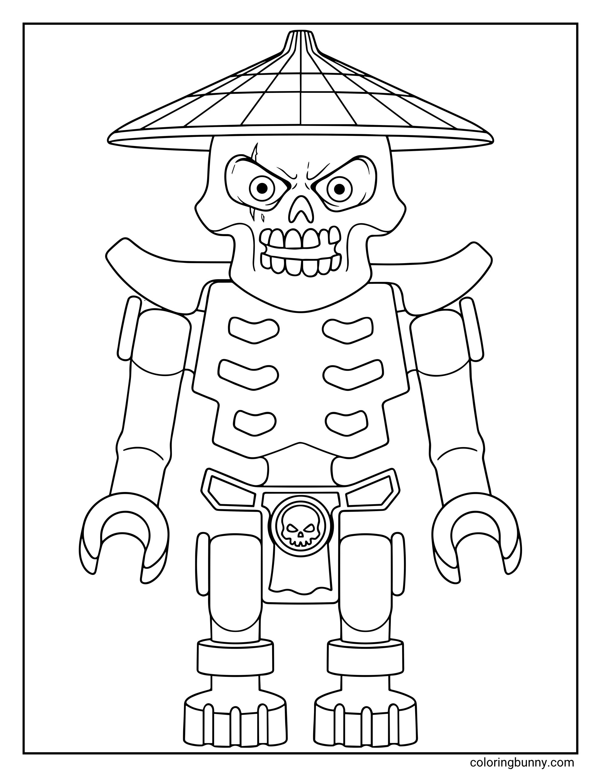 A LEGO Ninjago coloring page of a Skulkin skeleton warrior, Kruncha, wearing a conical hat and heavy shoulder armor. The skeleton features a menacing grin and a skull emblem on his belt, standing ready to serve the dark lord Garmadon.
