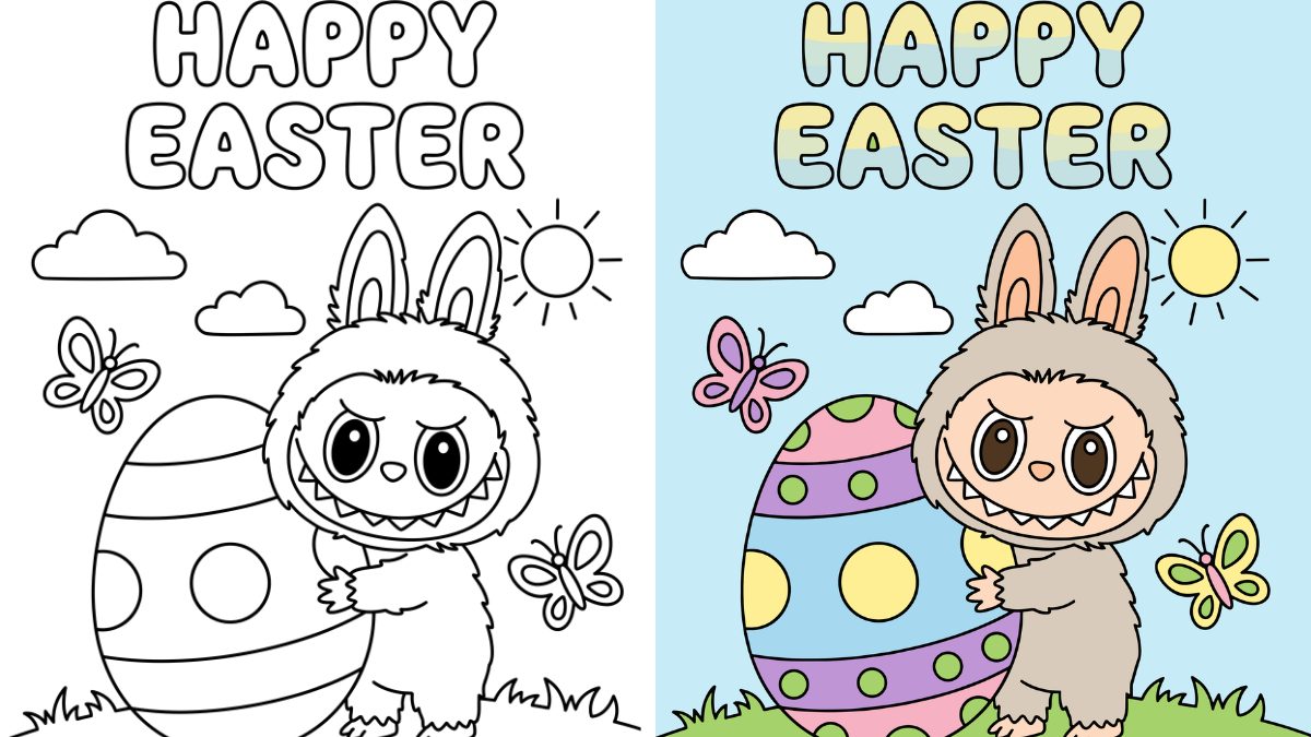 Labubu Easter Coloring Pages with Easter Egg and Butterflies