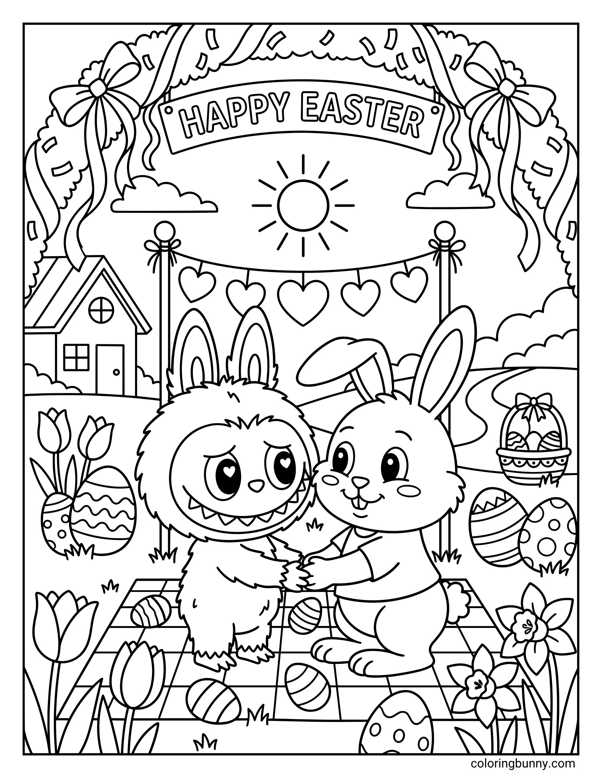 A Labubu Easter coloring page showing Labubu and the Easter Bunny holding hands on a picnic blanket, with a “Happy Easter” banner above, hanging heart garlands, decorated eggs, flowers, ribbons, clouds, sunshine, and a basket in the background.