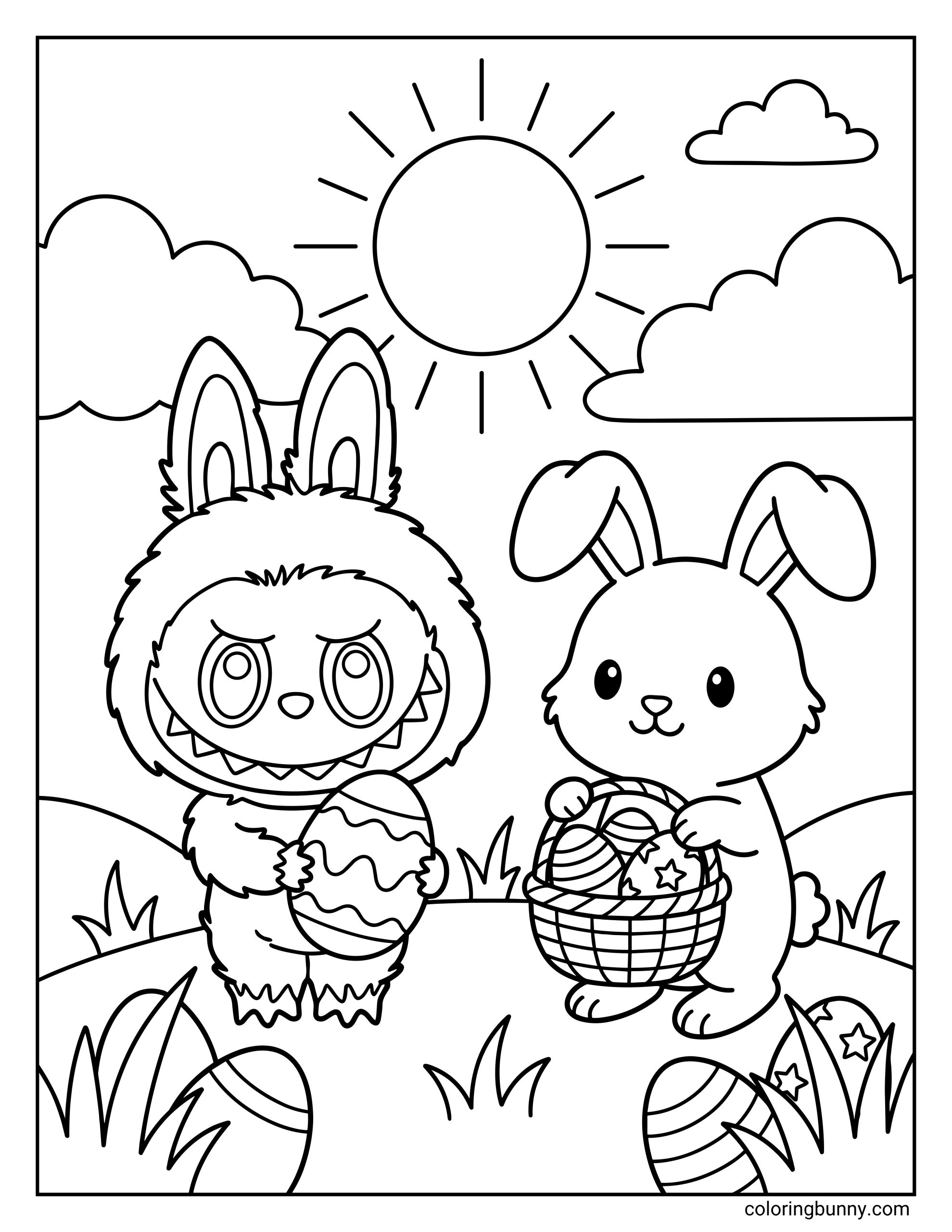 A Labubu Easter coloring page showing Labubu holding a decorated Easter egg beside the Easter Bunny, who is carrying a basket full of patterned eggs, with grassy hills, clouds, and a large sun in the background.