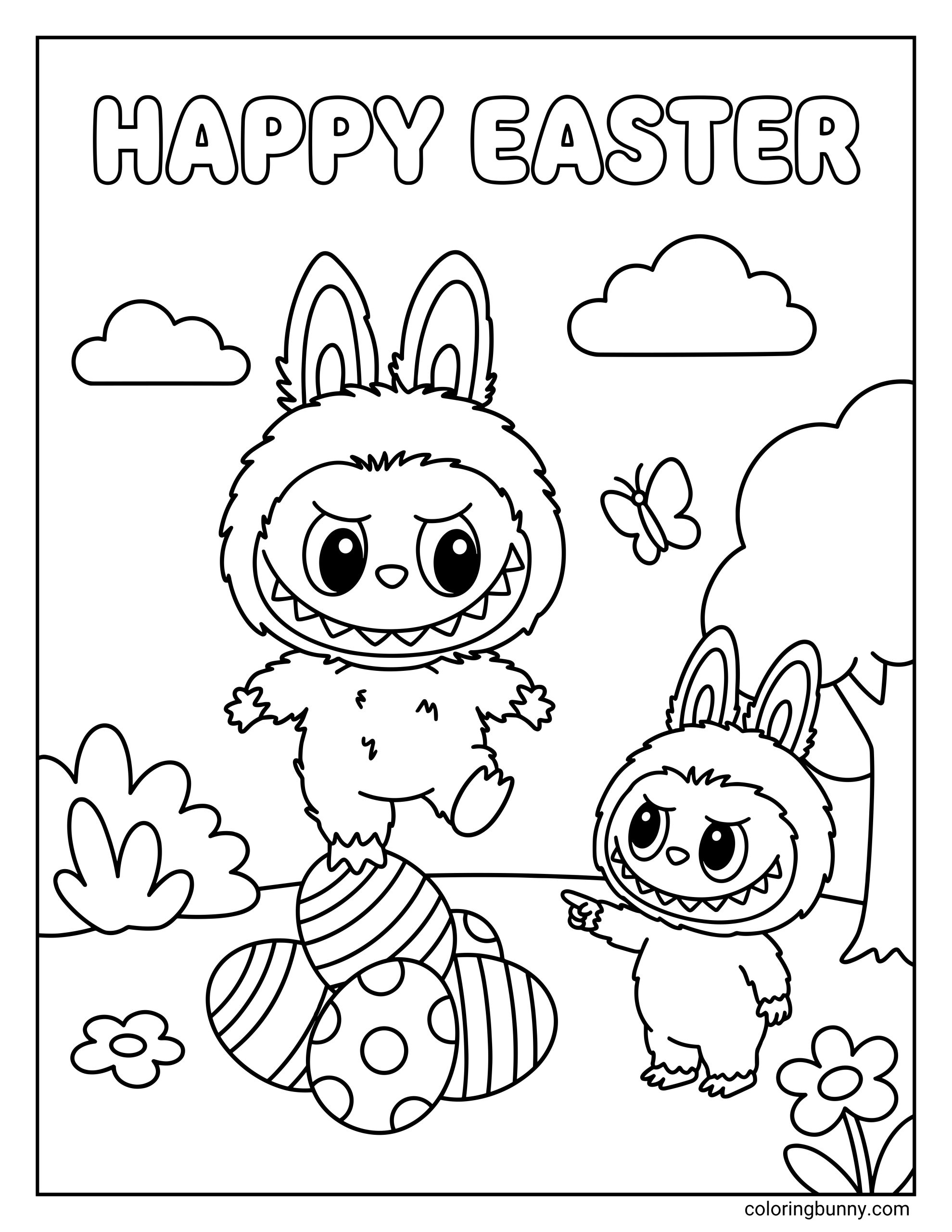 A fun Labubu Easter coloring sheet of one Labubu balancing on a stack of decorated eggs while another points up from the ground, with “Happy Easter” text at the top and a simple spring landscape filling the page.
